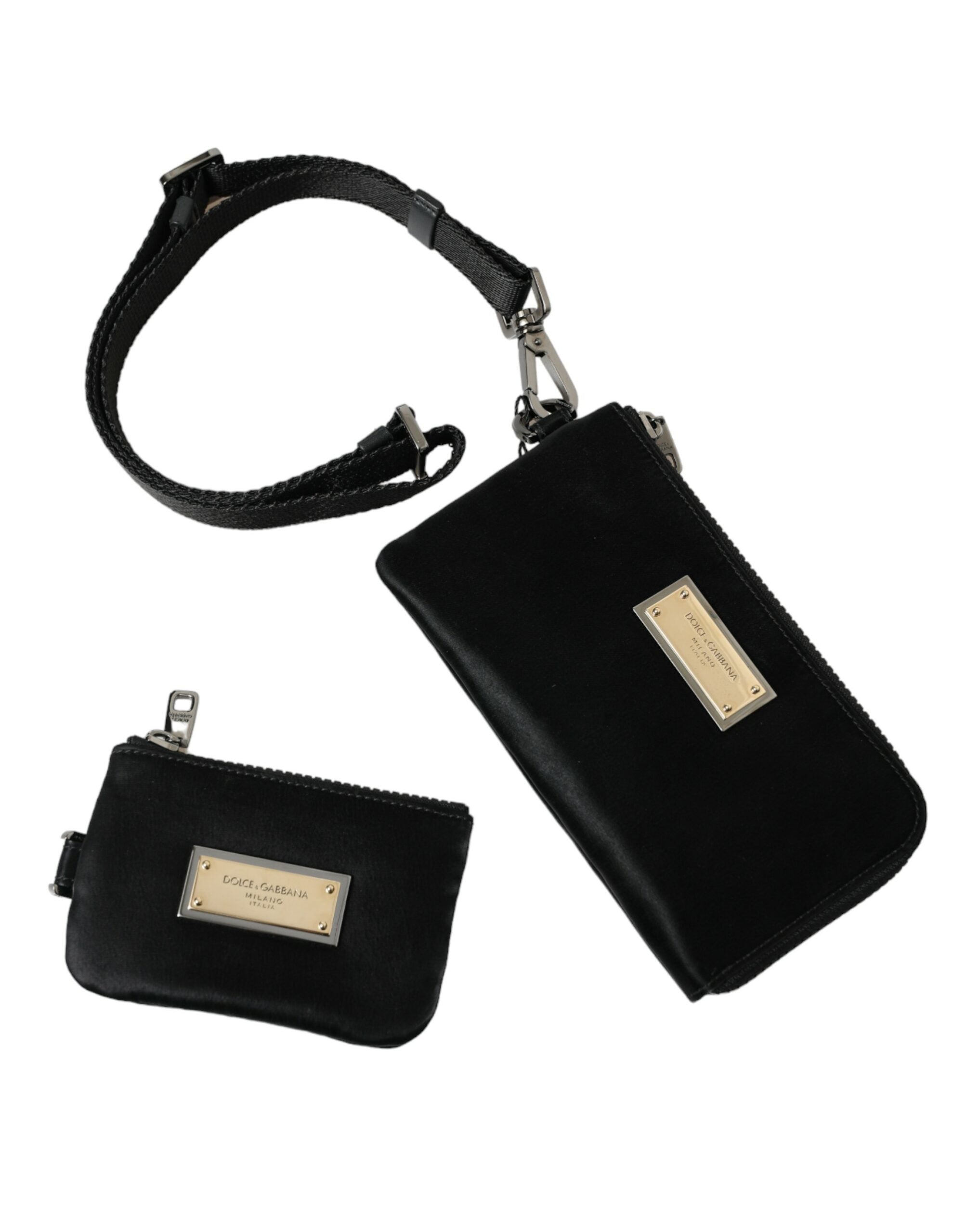 Black Nylon Logo Plaque Keyring Pouch Clutch Bag Leather