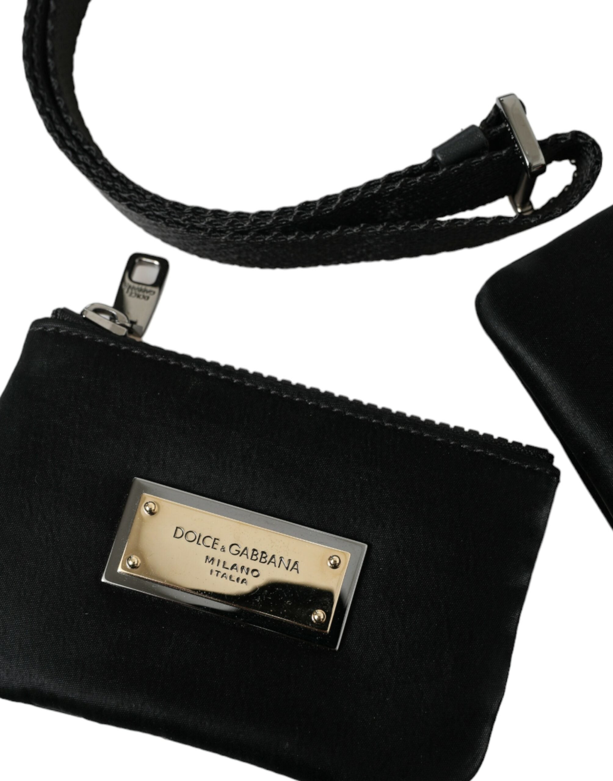 Black Nylon Logo Plaque Keyring Pouch Clutch Bag Leather