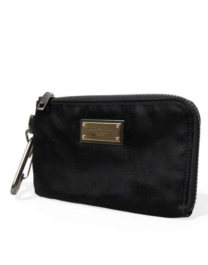 Black Nylon Logo Plaque Keyring Pouch Clutch Bags Leather