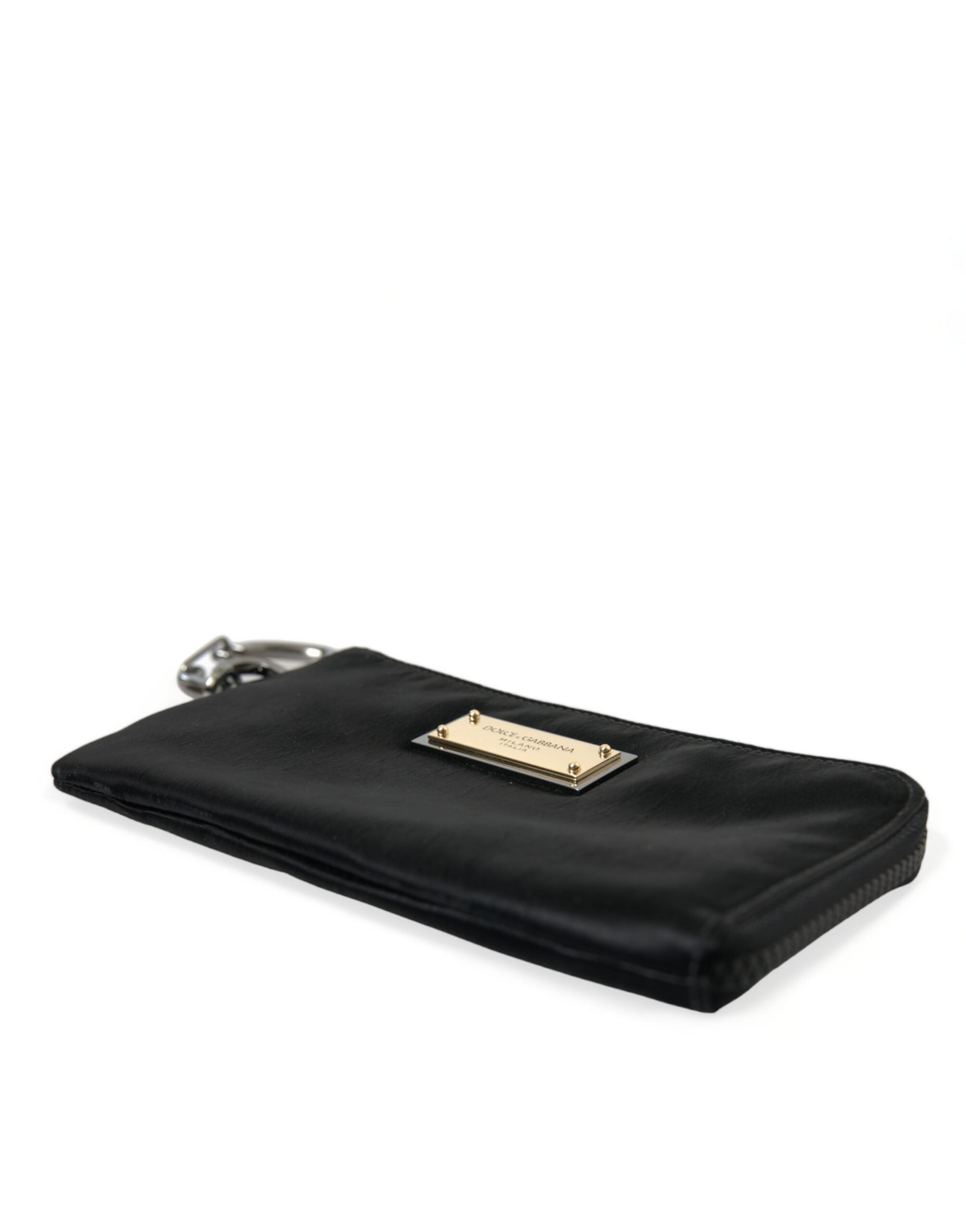 Black Nylon Logo Plaque Keyring Pouch Clutch Bags Leather