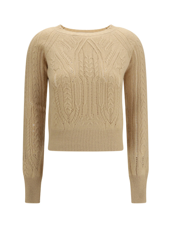 Long Sleeve Cable Knit And Openwork Cashmere Sweater Melange Beige Kashmir/capra Hircus