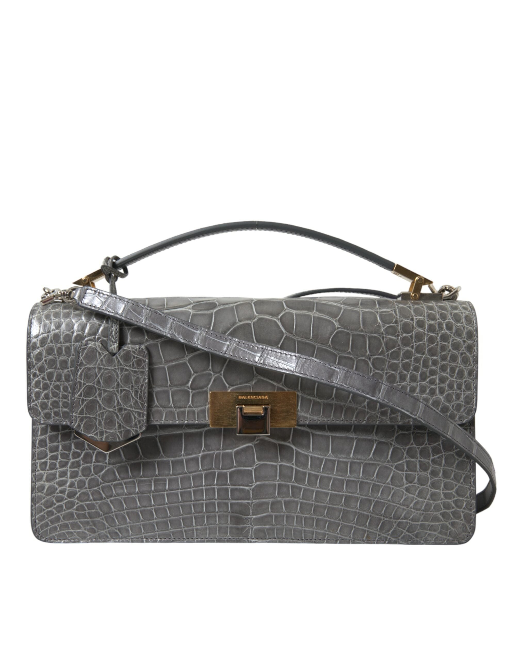Gray Exotic Leather Medium Shoulder Hand Purse Bag Alligator