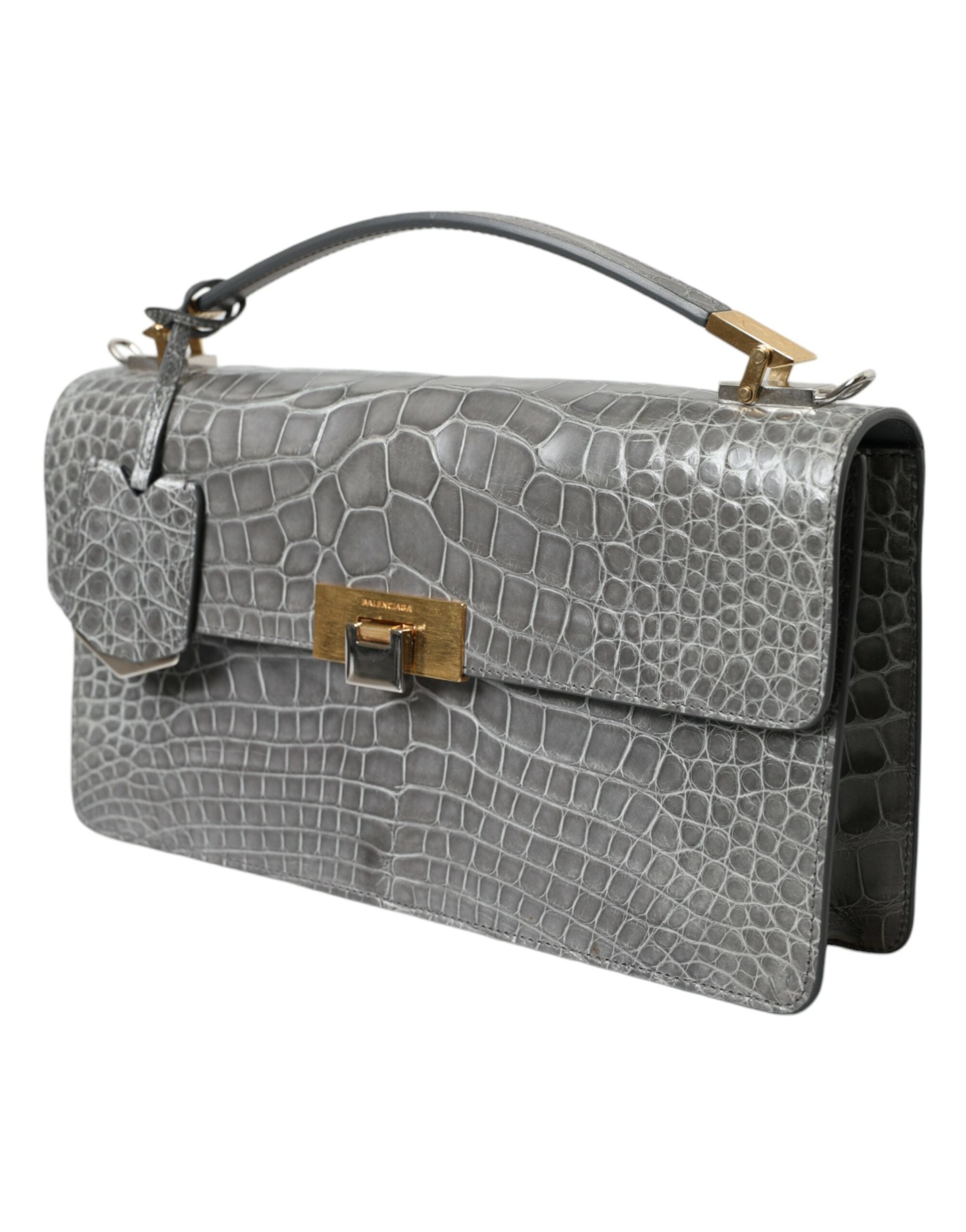 Gray Exotic Leather Medium Shoulder Hand Purse Bag Alligator