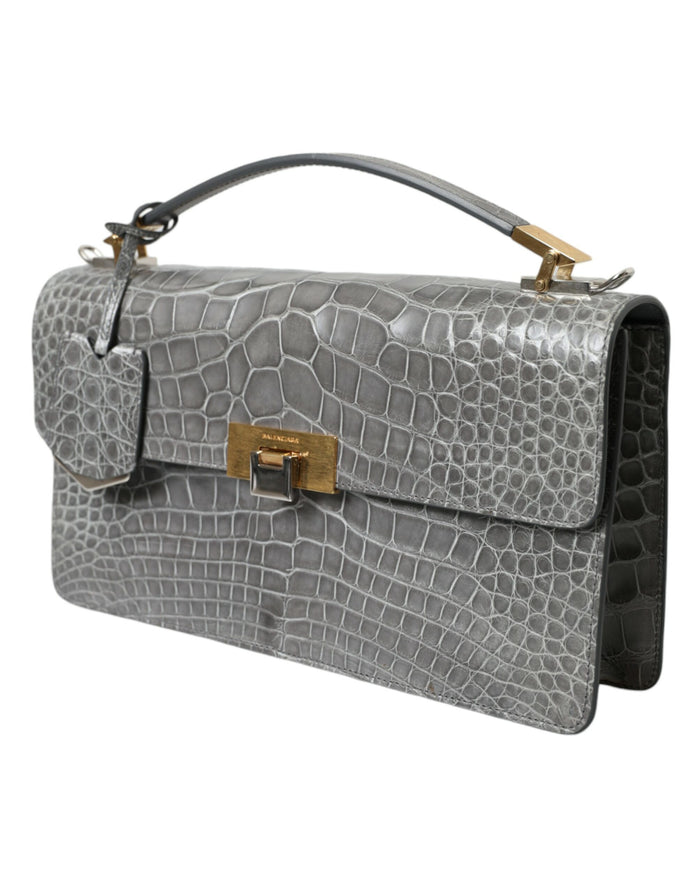 Gray Exotic Leather Medium Shoulder Hand Purse Bag Alligator