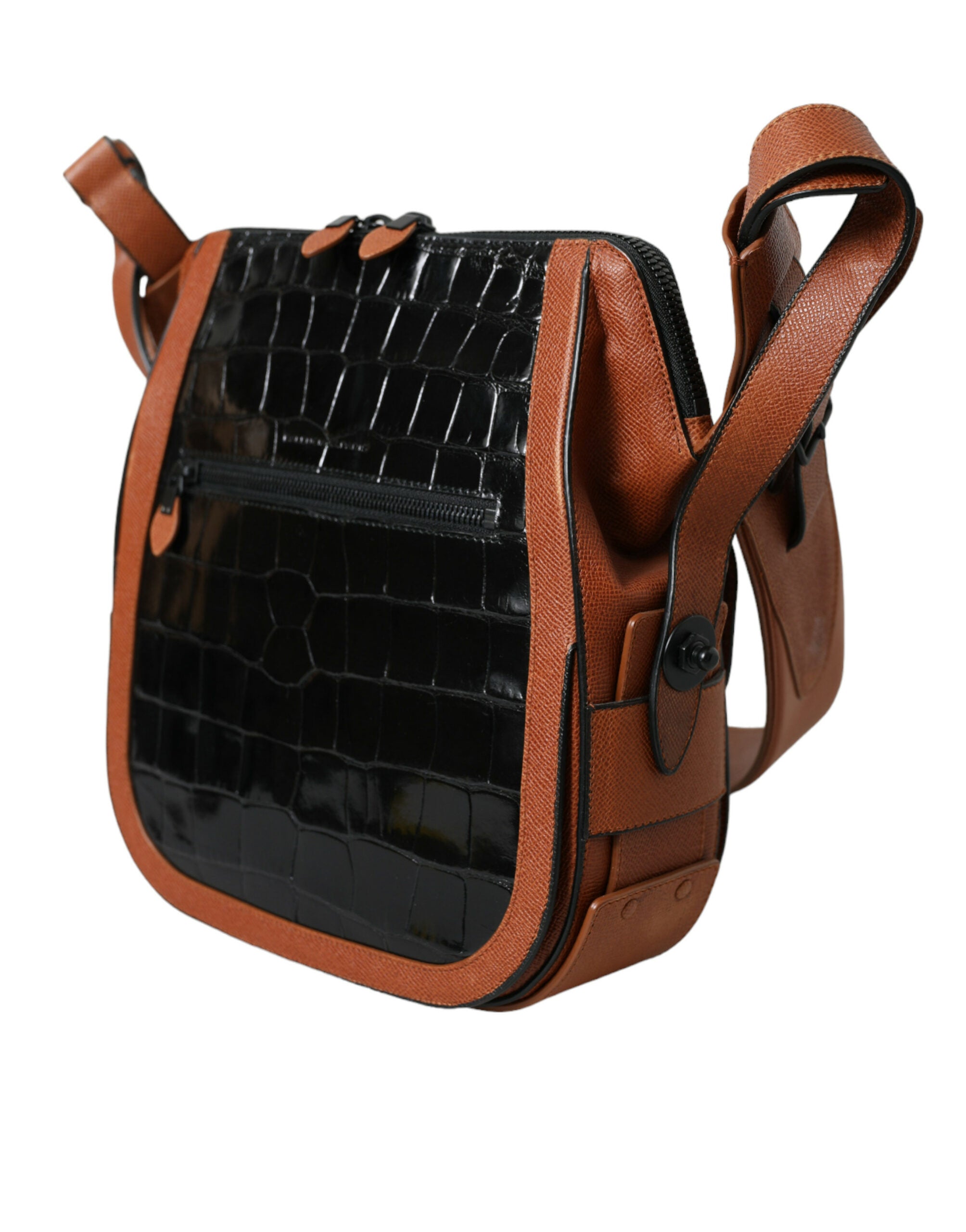 Black Brown Exotic Skin Leather Vertical Crossbody Purse Bag And Crocodile