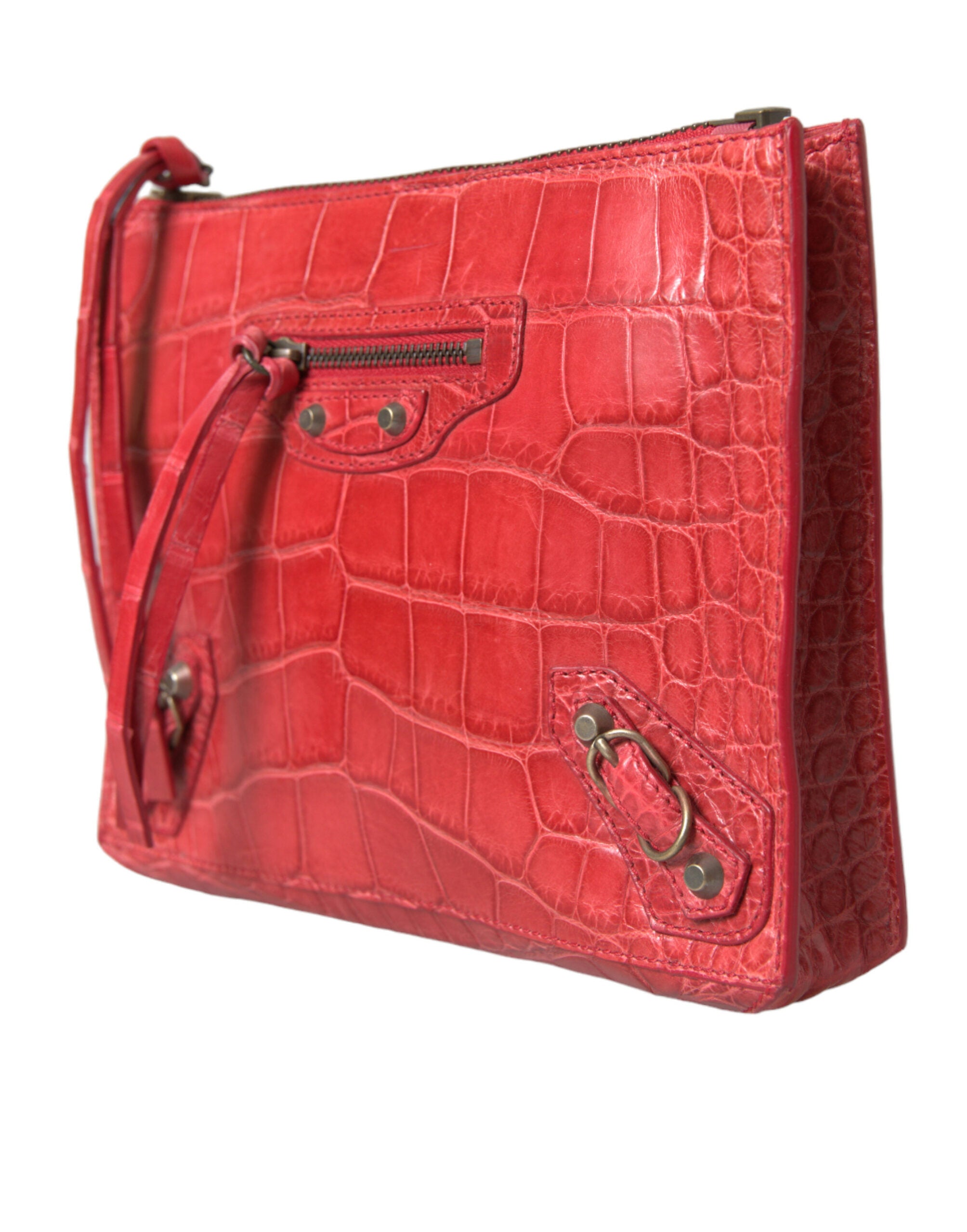 Red Exotic Skin Leather Classic Pouch Purse Wristlet Bag Alligatorskin