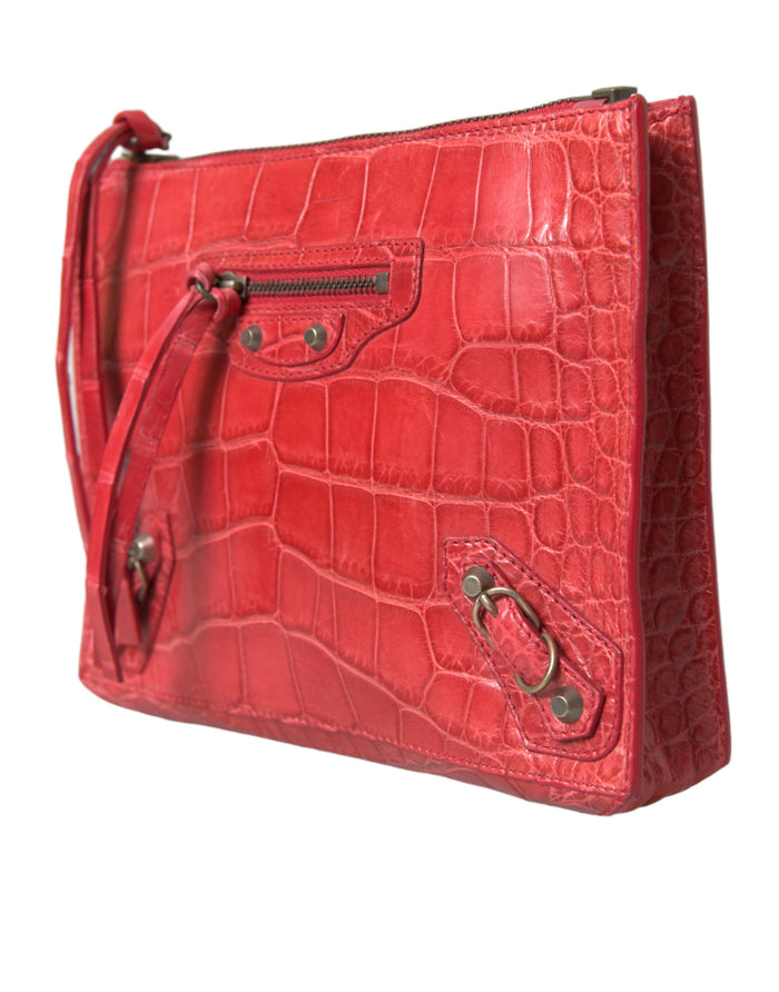 Red Exotic Skin Leather Classic Pouch Purse Wristlet Bag Alligatorskin