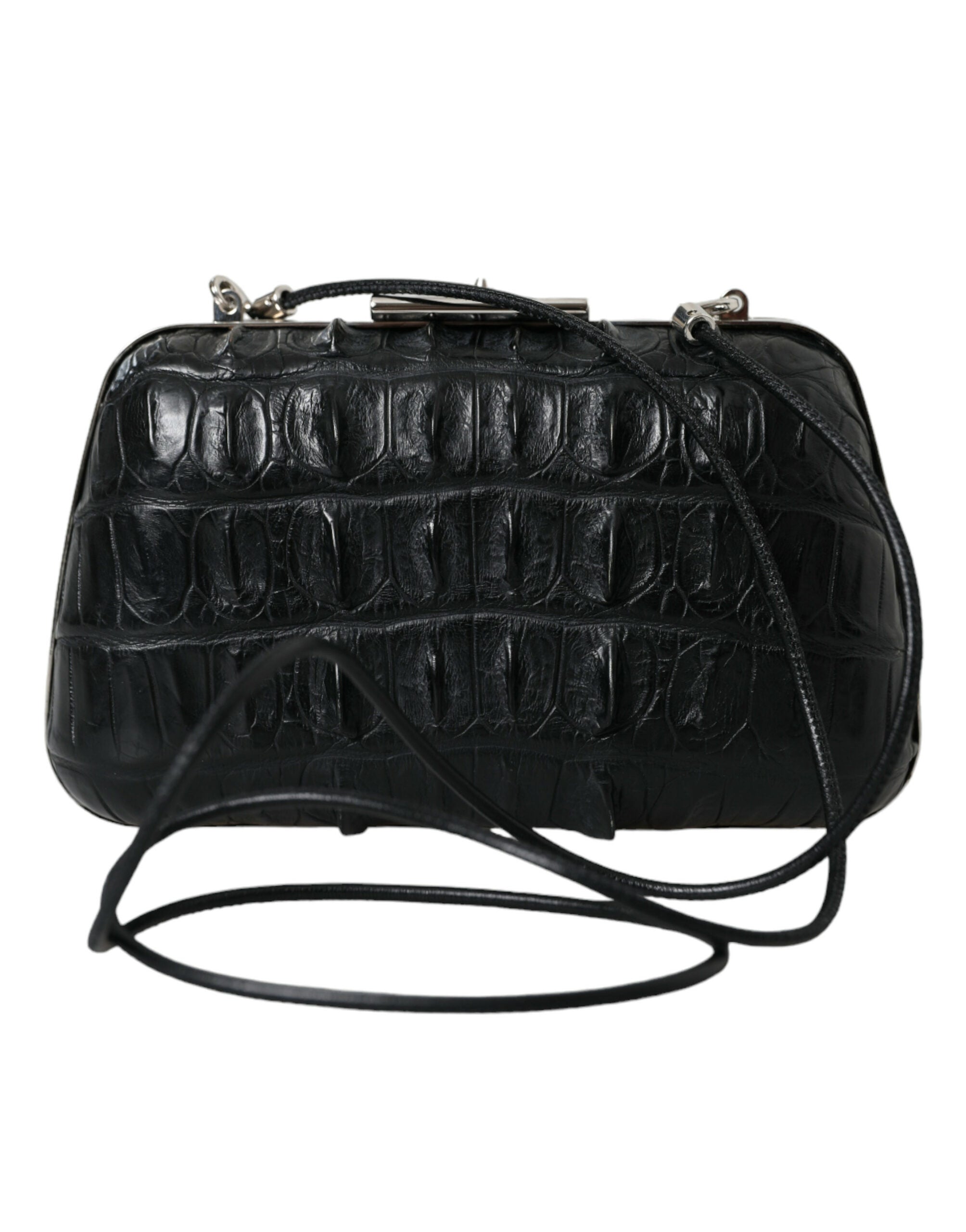 Black Exotic Skin Leather Shoulder Crossbody Box Clutch Bag Crocodile