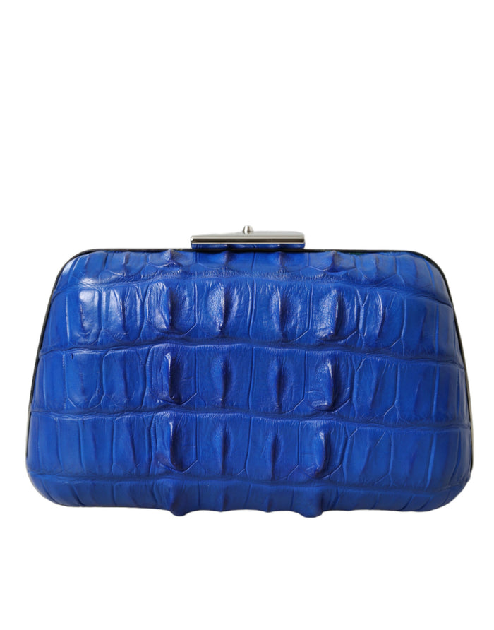 Blue Exotic Skin Leather Shoulder Crossbody Box Clutch Bag Crocodile Lamb