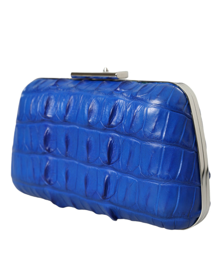 Blue Exotic Skin Leather Shoulder Crossbody Box Clutch Bag Crocodile Lamb