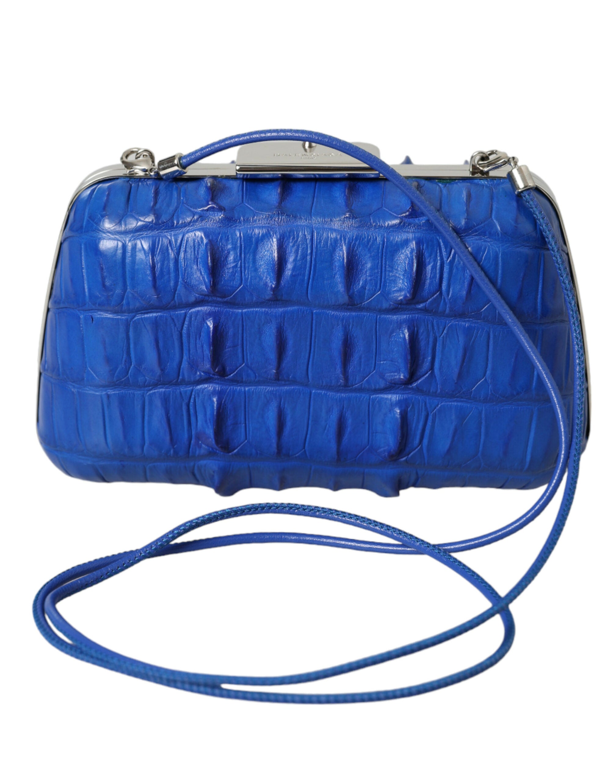Blue Exotic Skin Leather Shoulder Crossbody Box Clutch Bag Crocodile Lamb
