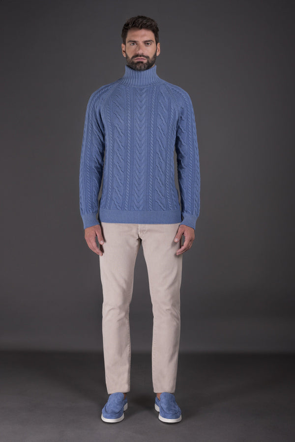 Moorer Mens Light Blue Cable Knit Sweater Clothing