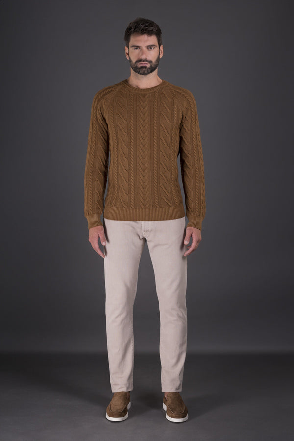 Moorer Mens Brown Cable Knit Sweater Clothing