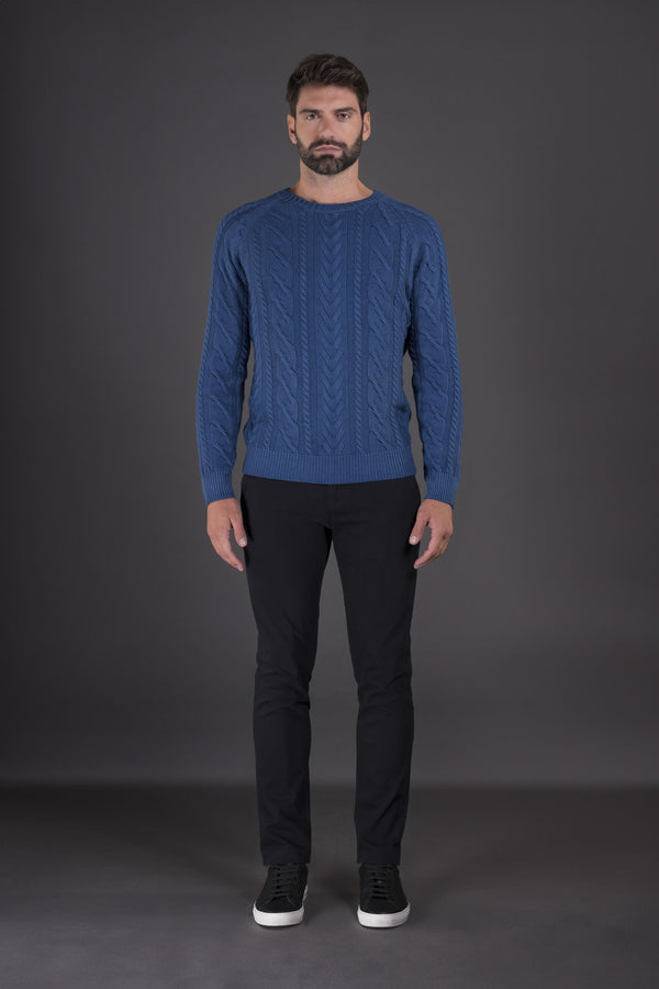 Moorer Mens Blue Cable Knit Sweater Clothing