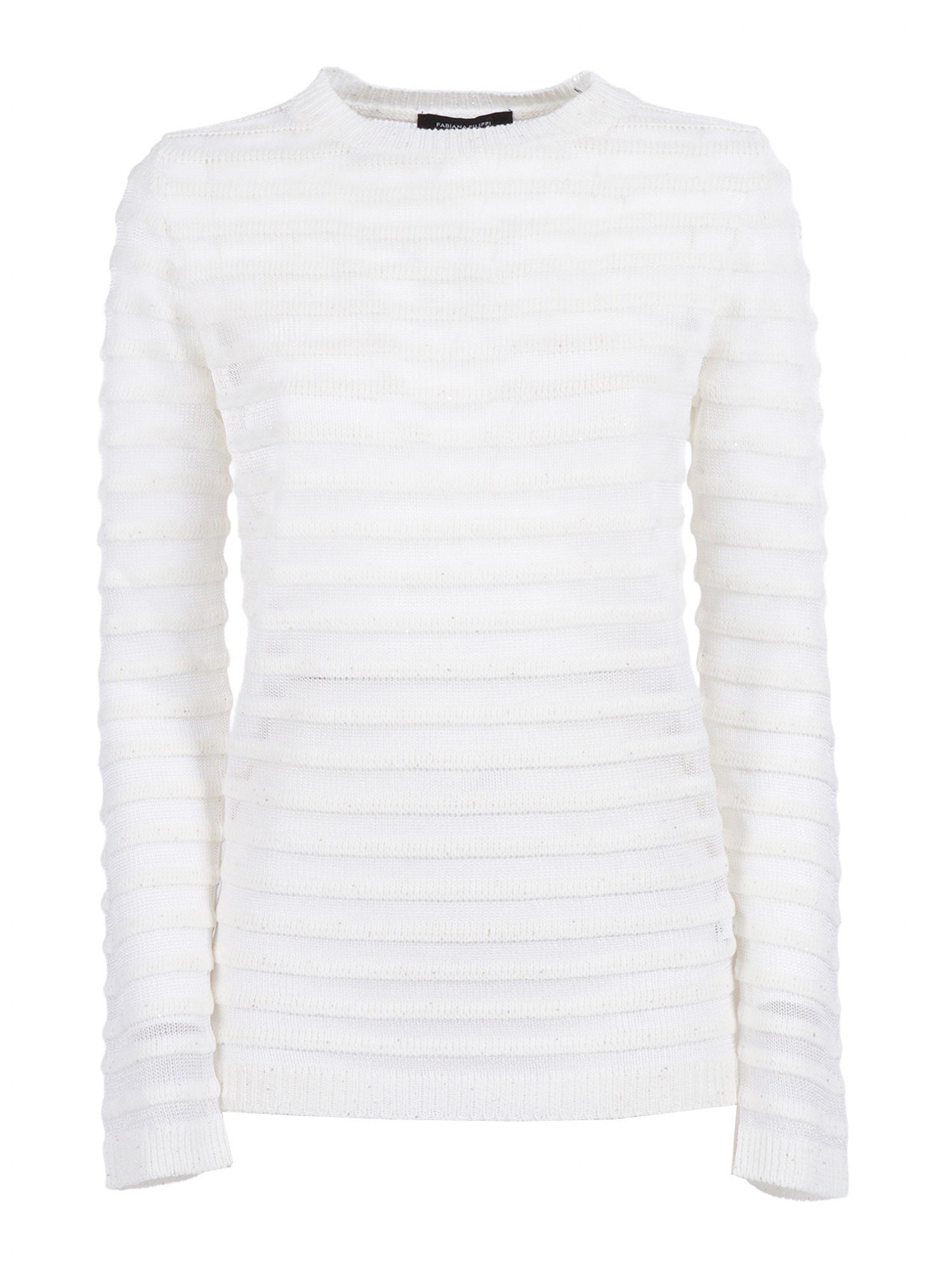 SEQUIN COTTON LINEN BOATNECK SWEATER,ORGANZA EFFECT STRIPE White Polyester Crewneck