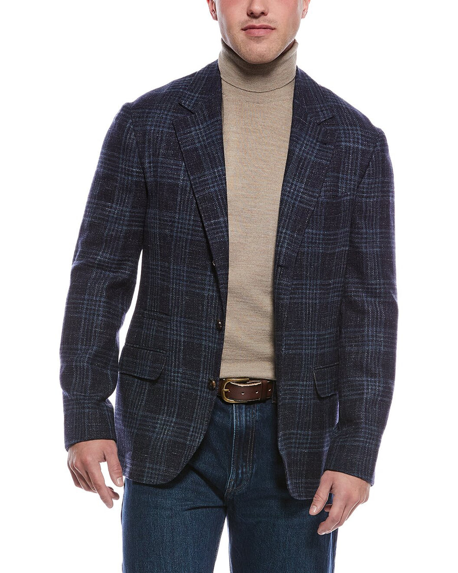 Brunello Cucinelli Mens Navy Plaid Tailored Blazer Clothing