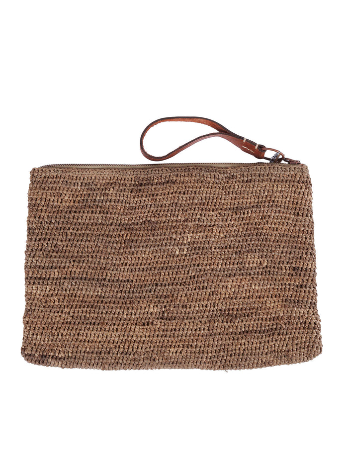 Clutch - Ampy Dark Tea Brown Raphia Fabric 2 Leather Bag