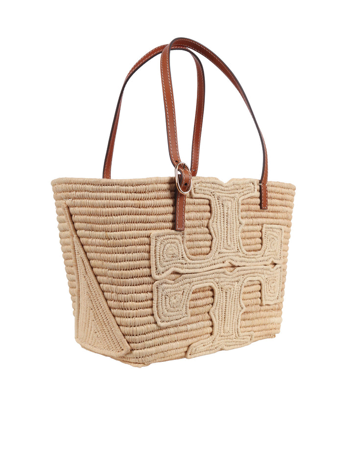 Ella Structured Straw Small Tote Beige Bag