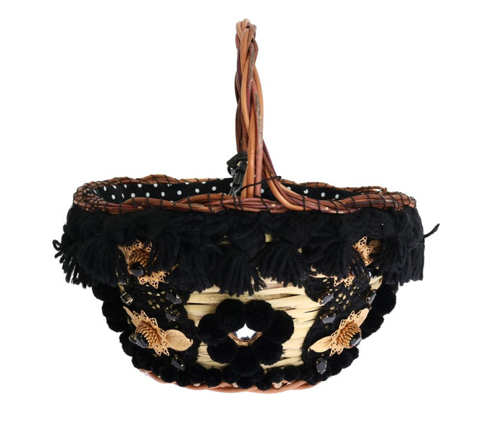 Beige Straw Snakeskin Pom Crystal Agnese Bag
