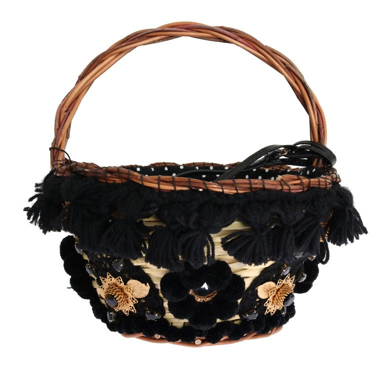 Beige Straw Snakeskin Pom Crystal Agnese Bag