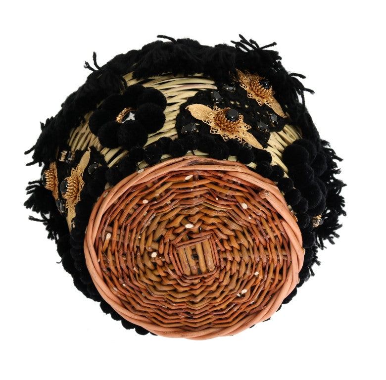 Beige Straw Snakeskin Pom Crystal Agnese Bag