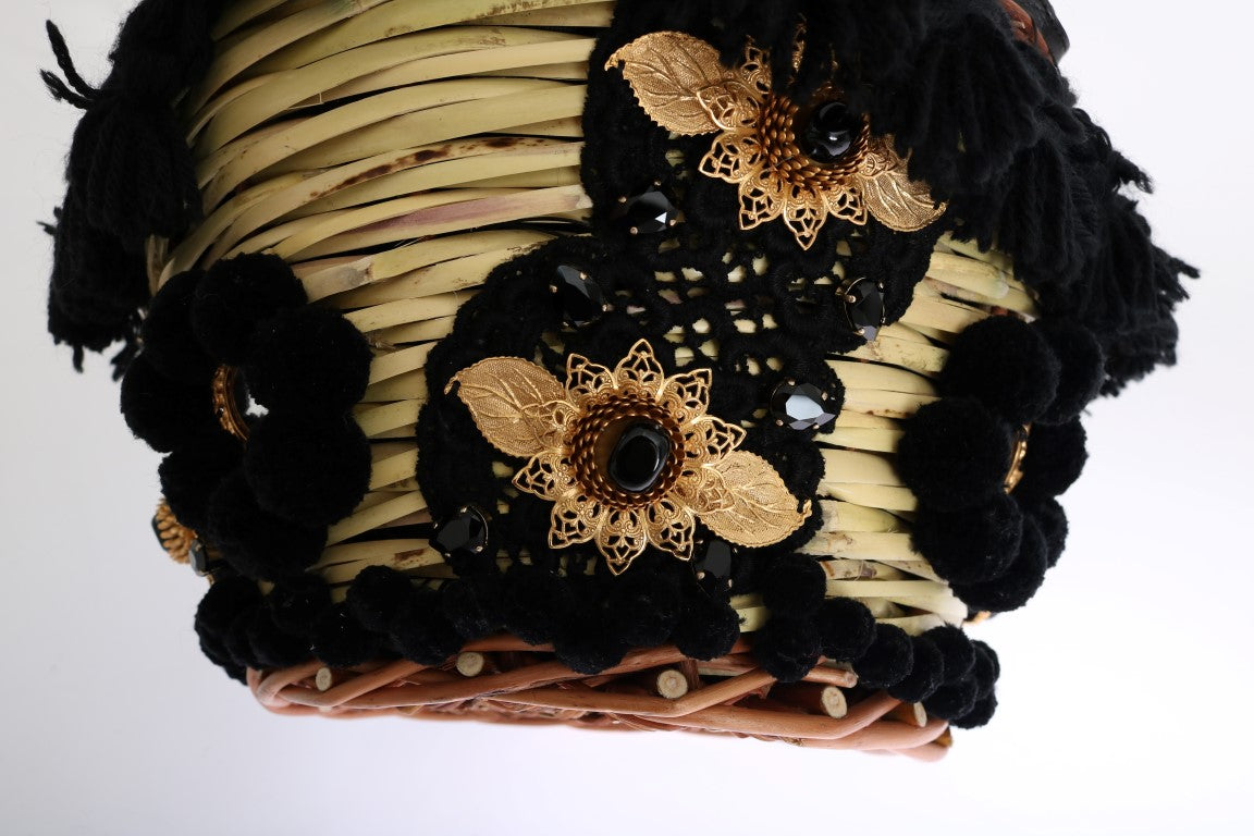 Beige Straw Snakeskin Pom Crystal Agnese Bag