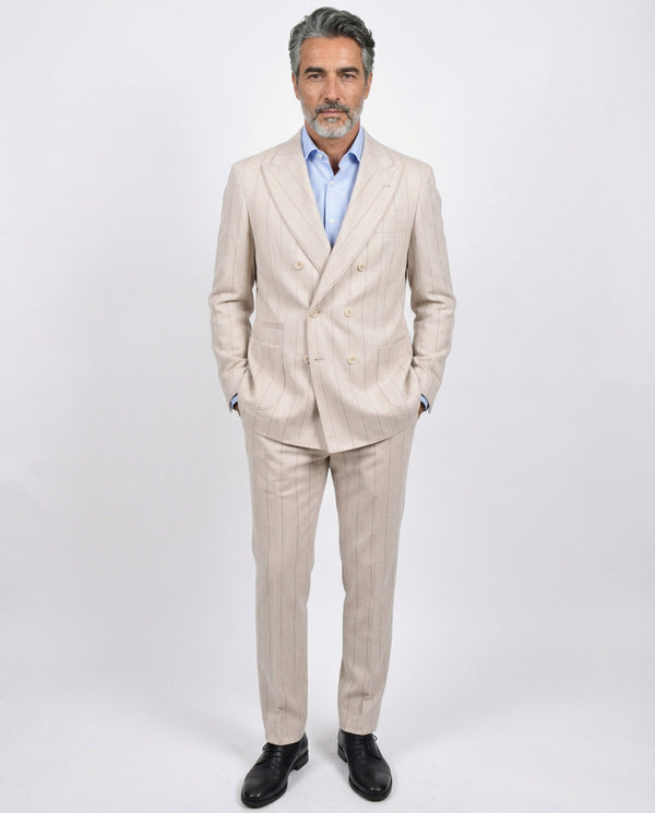 Brunello Cucinelli Mens Sand Wool Double Breasted Suit Tan