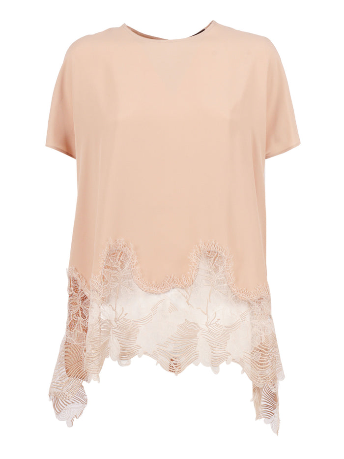 Crepe De Chine Short Sleeve Top With Lace Bottm Band Pink Acrylic Silk