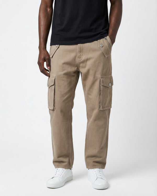 Balmain Mens Beige Loose Cotton Cargo Trousers