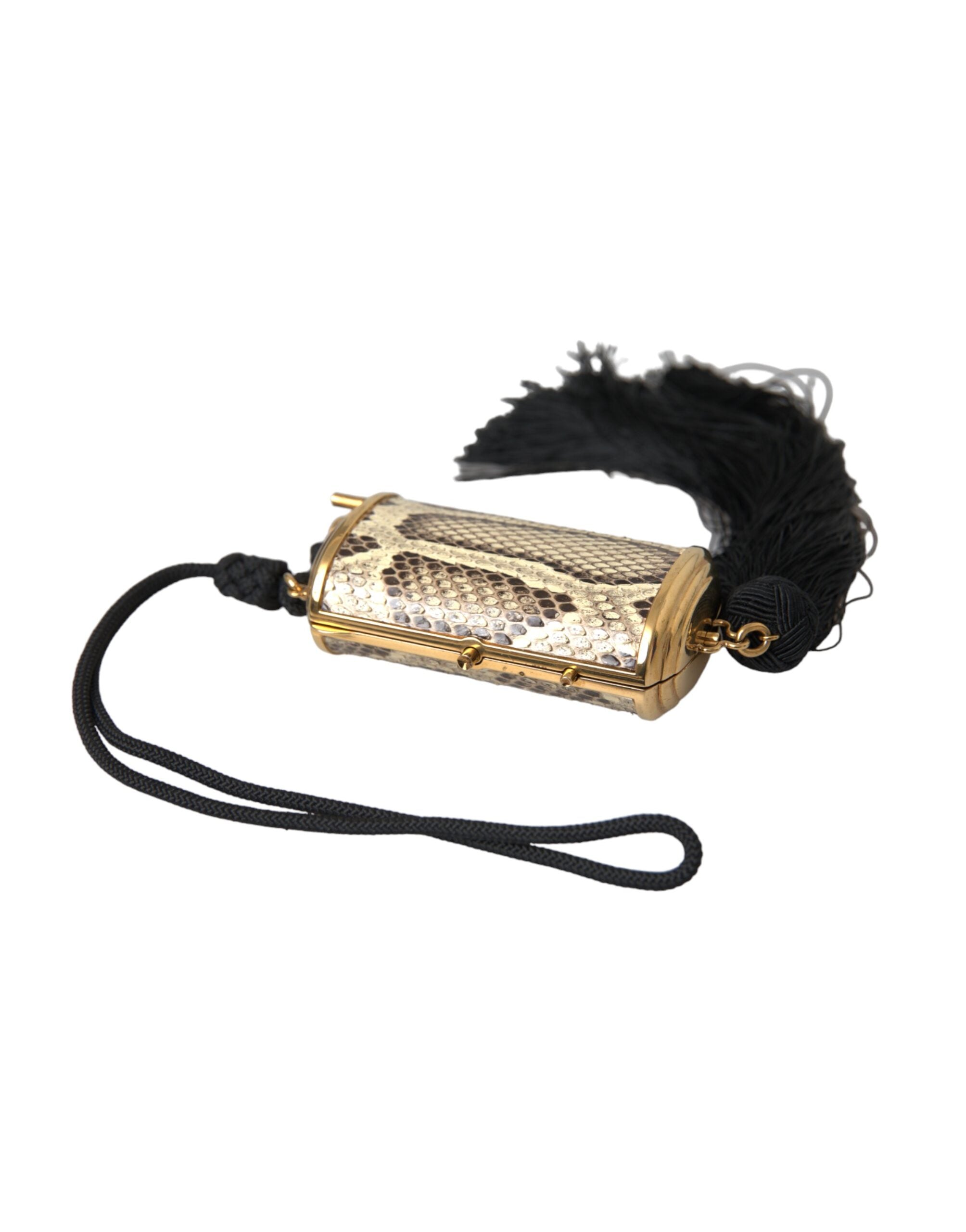 Beige Exotic Leather Mini Mirror Tassel Make Up Holder Bag Python
