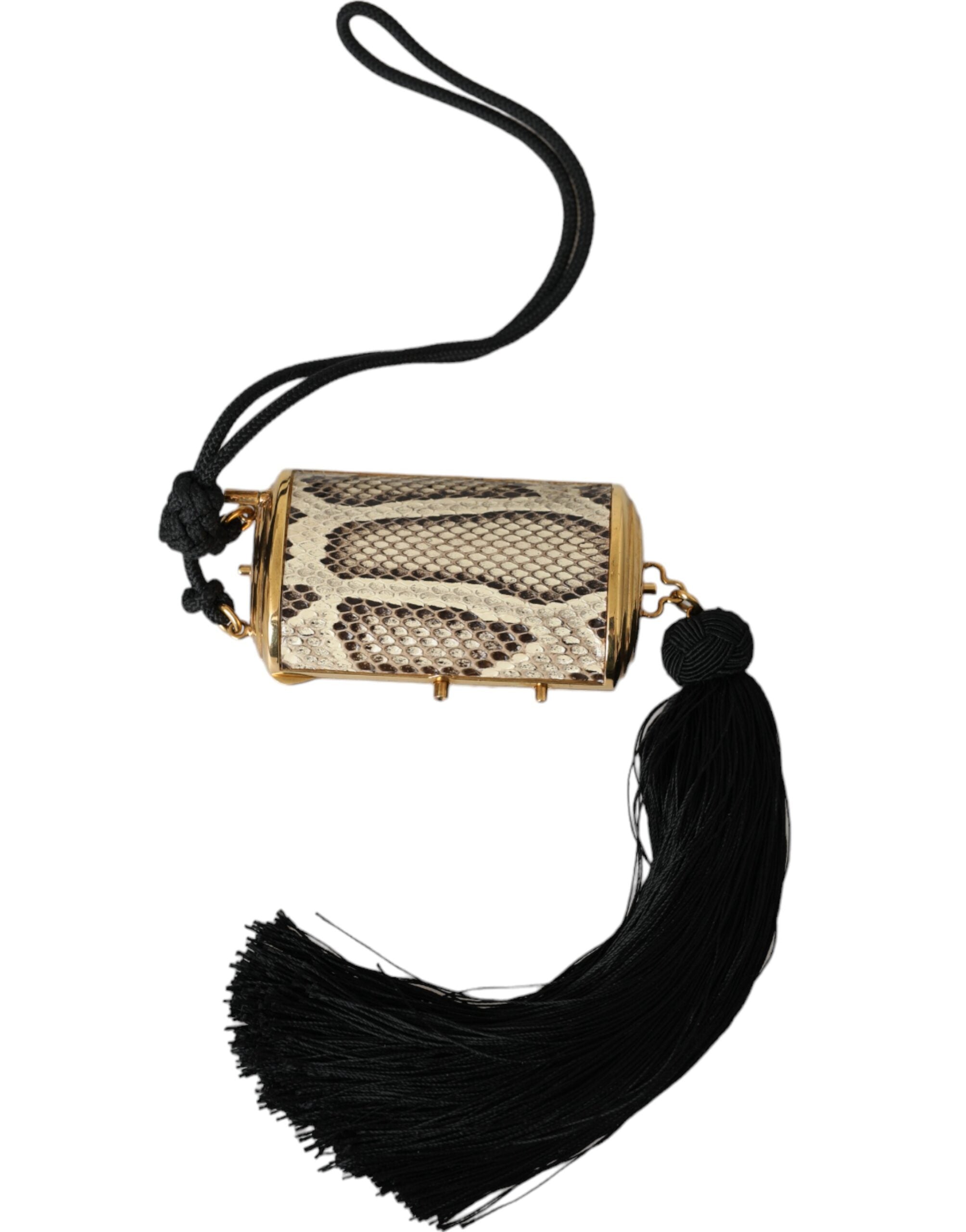 Beige Exotic Leather Mini Mirror Tassel Make Up Holder Bag Python