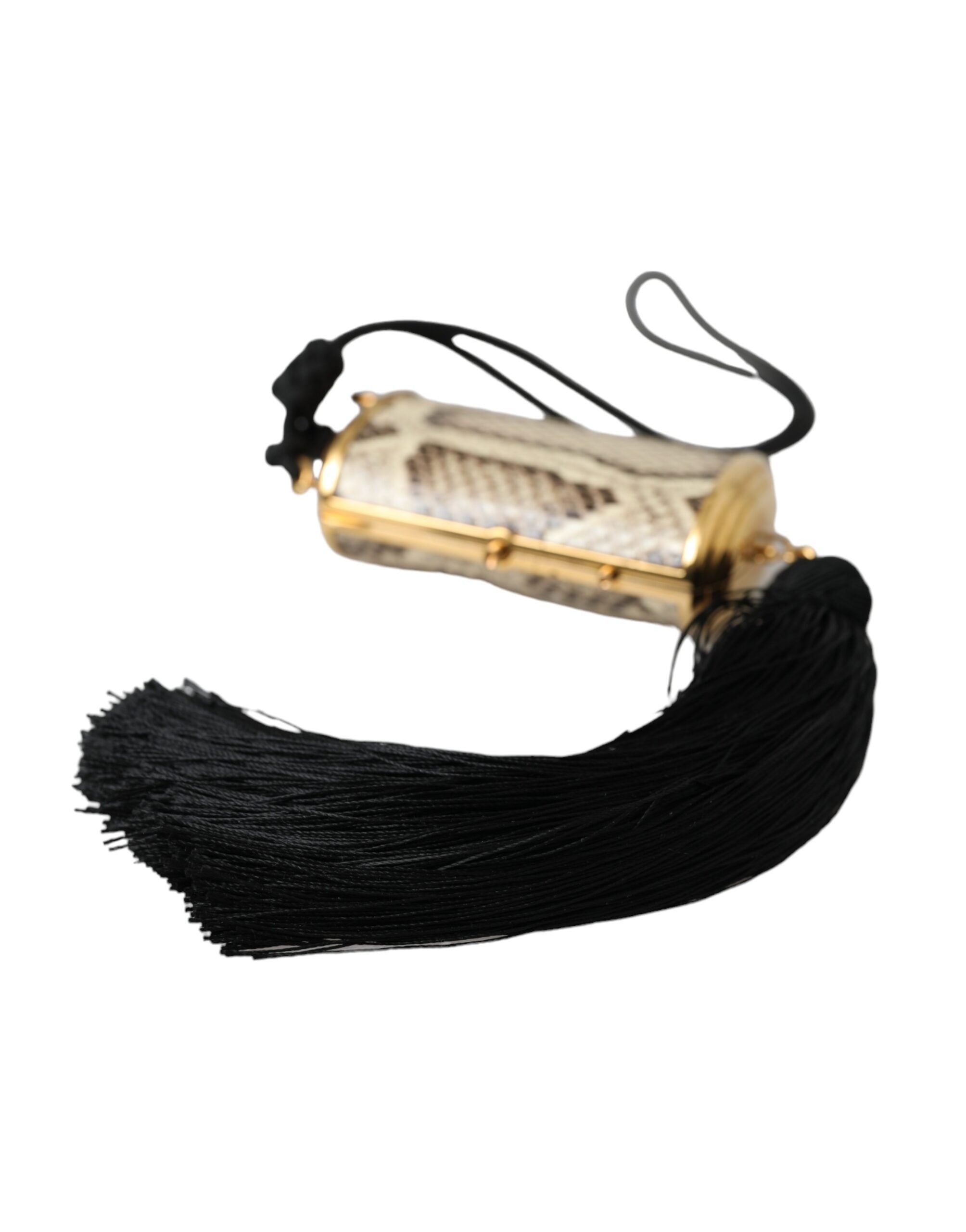 Beige Exotic Leather Mini Mirror Tassel Make Up Holder Bag Python