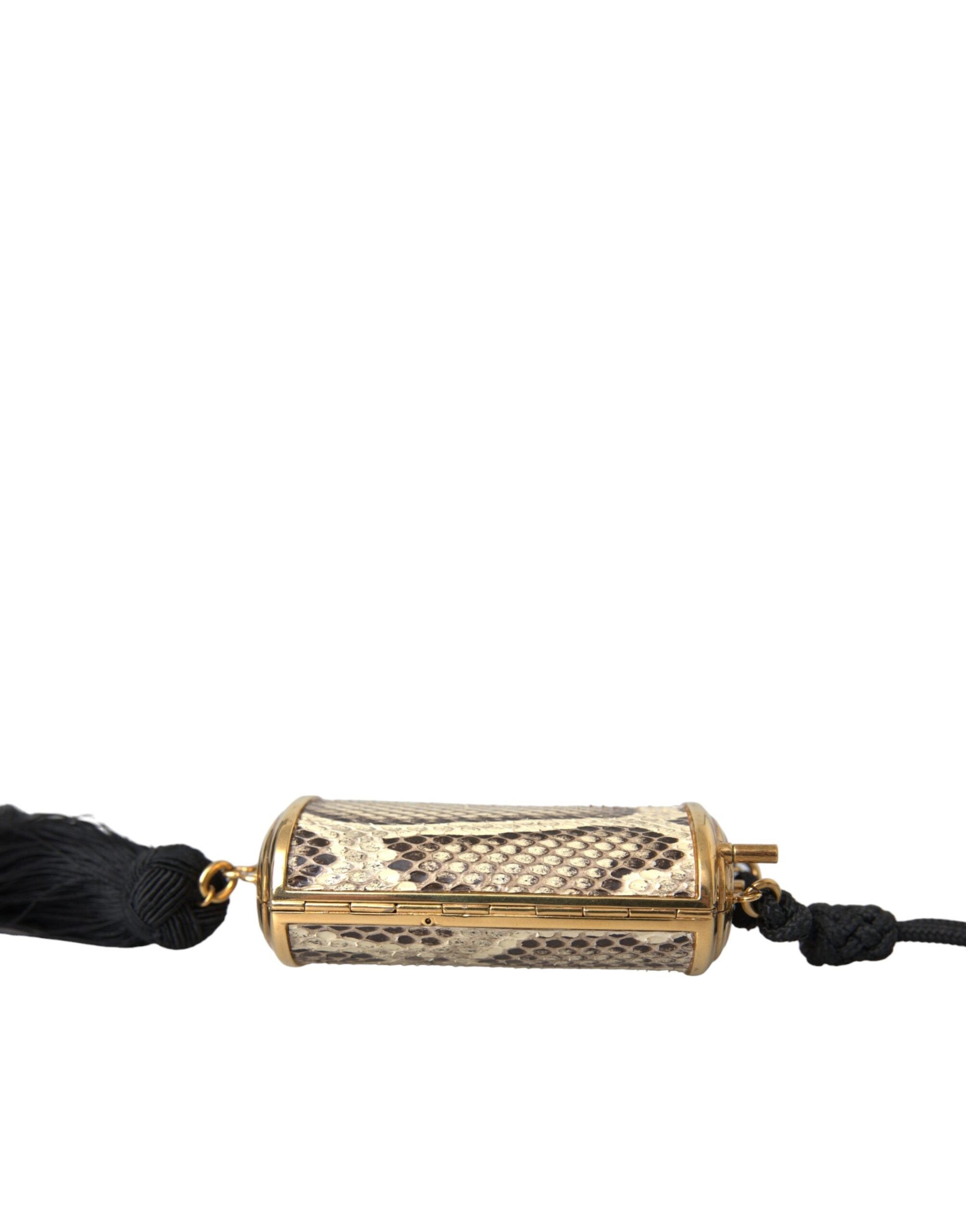 Beige Exotic Leather Mini Mirror Tassel Make Up Holder Bag Python