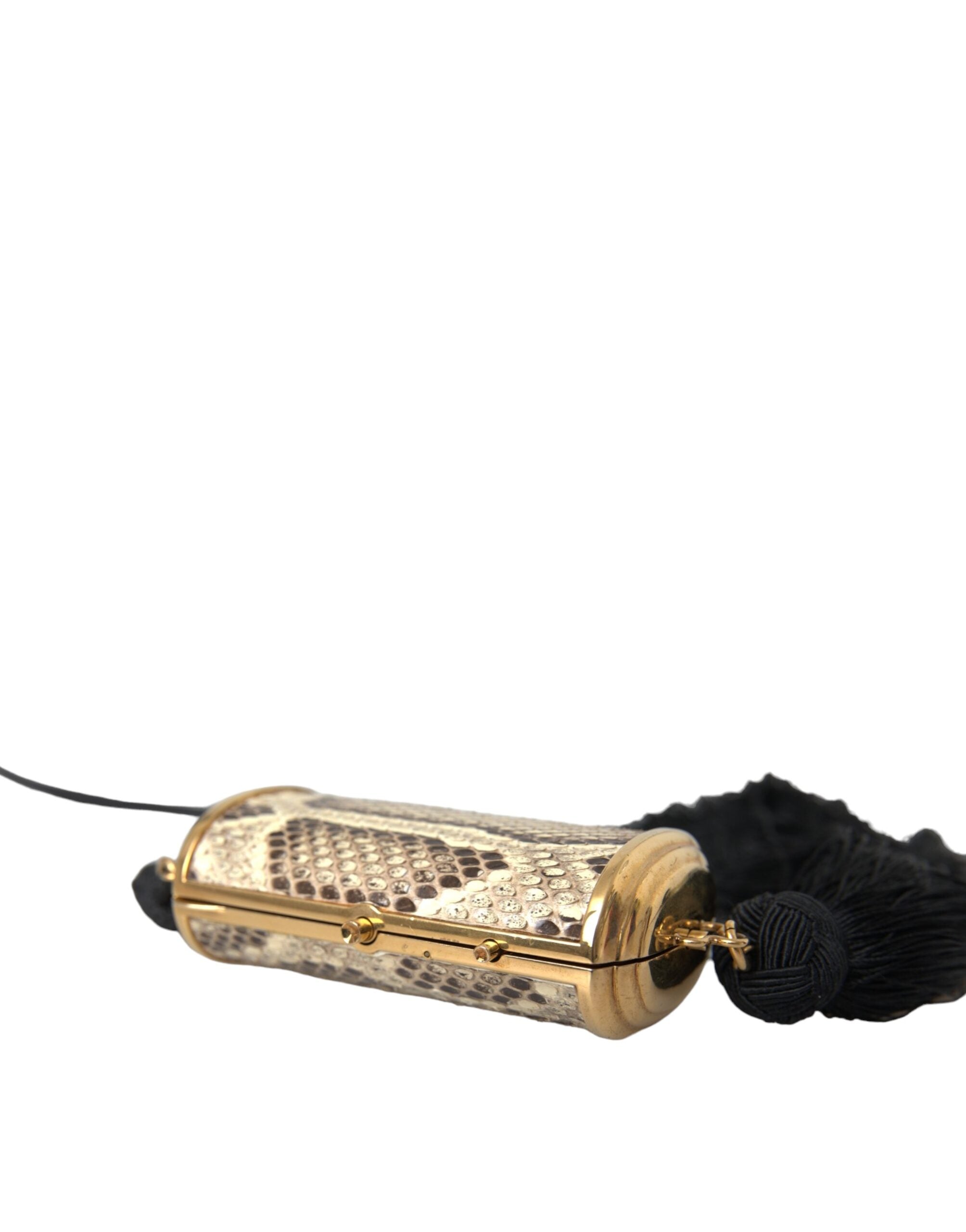Beige Exotic Leather Mini Mirror Tassel Make Up Holder Bag Python