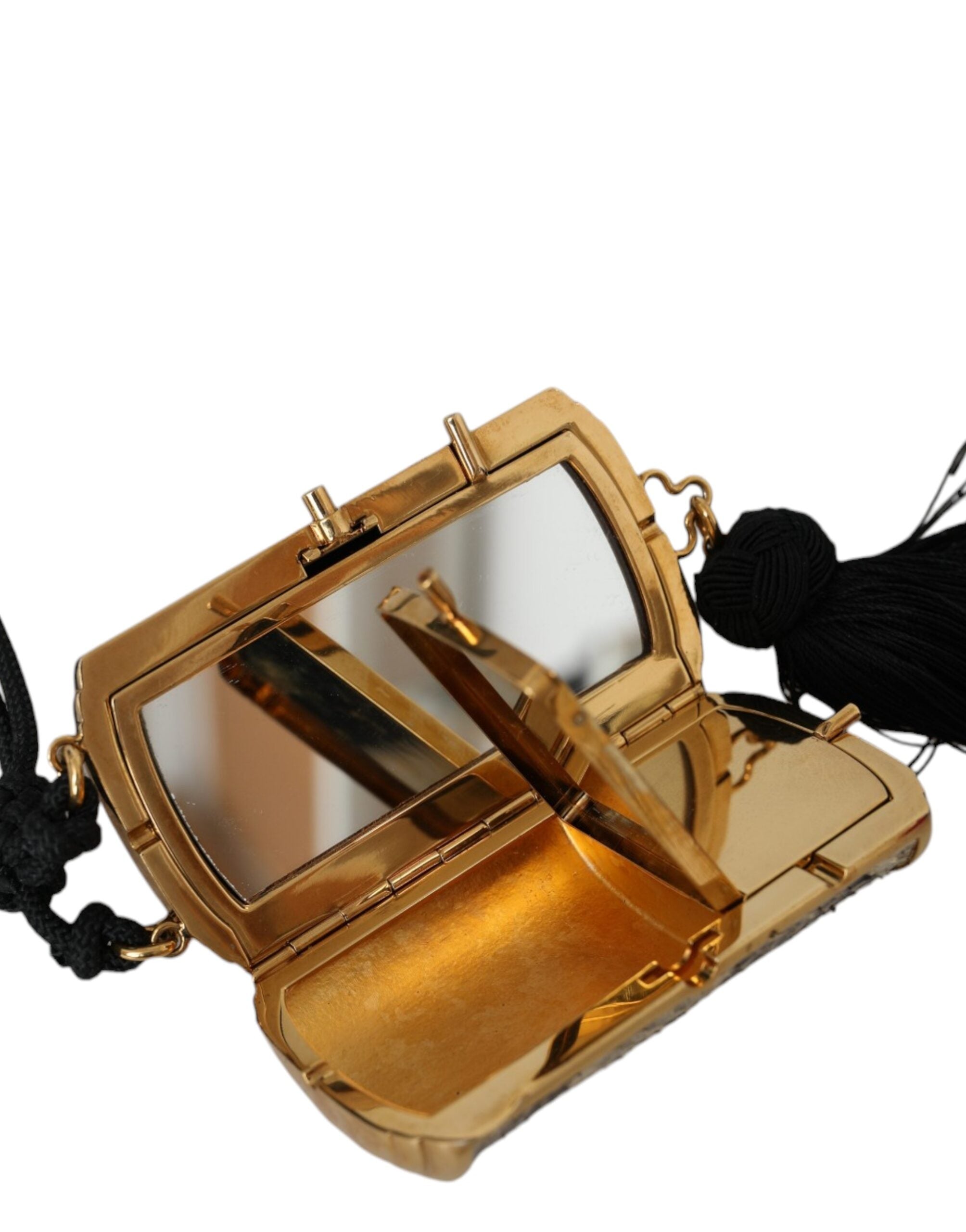 Beige Exotic Leather Mini Mirror Tassel Make Up Holder Bag Python