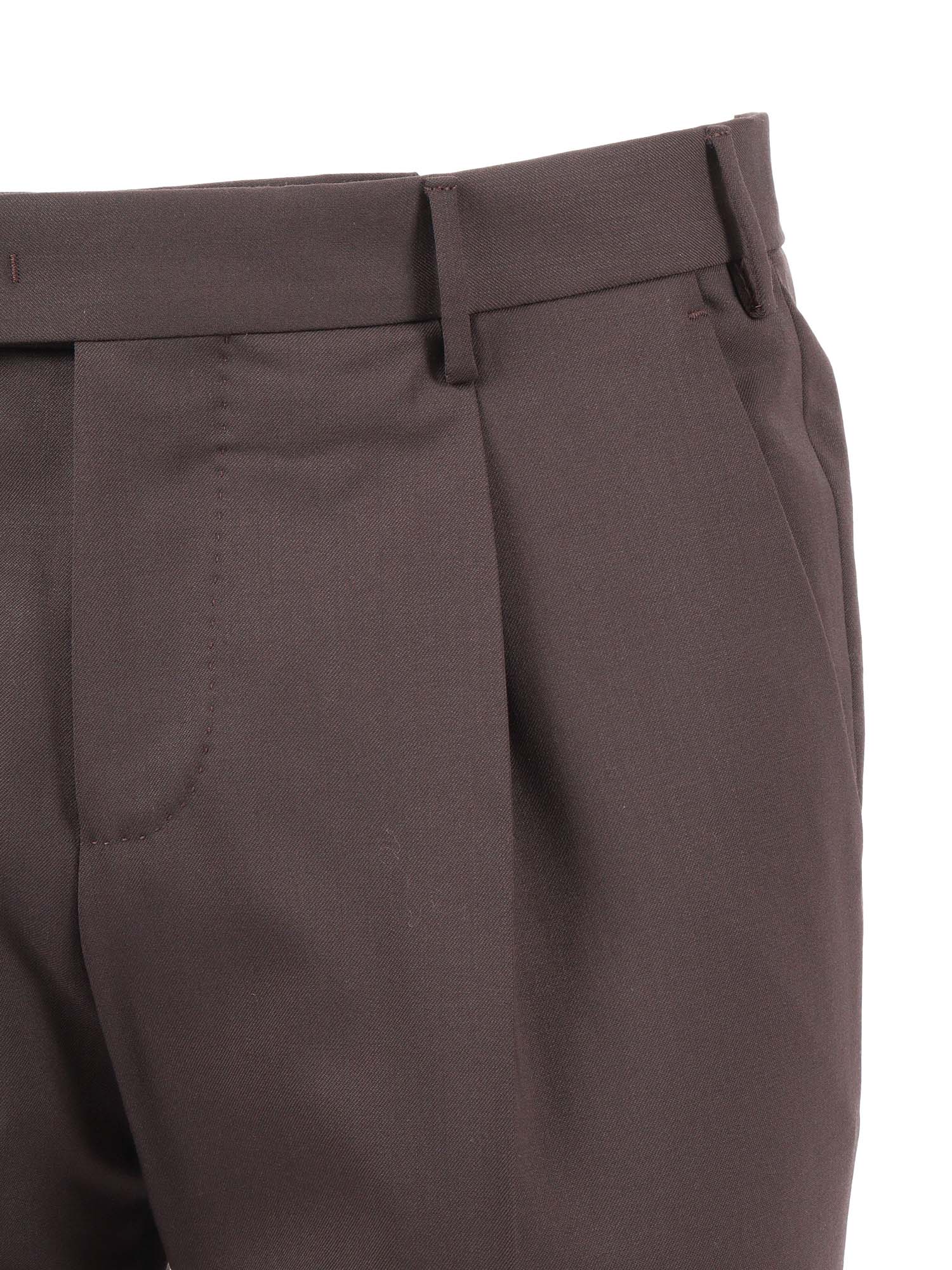 MASTER, 1 Pleat, Diagonal Pockets, Flap Back Turn-Up Brown Virgin Wool Elastane Pant