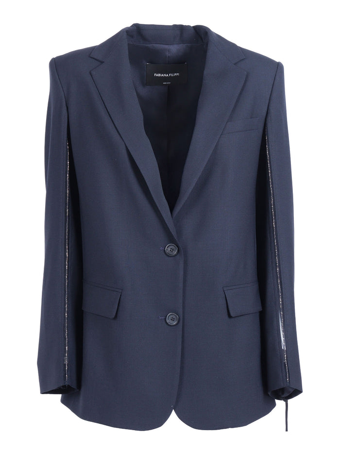 BISTRETCH WOOL SINGLE BREASTED JACKET WITH FILO DIAMANTE Blue Polyamide Elastane
