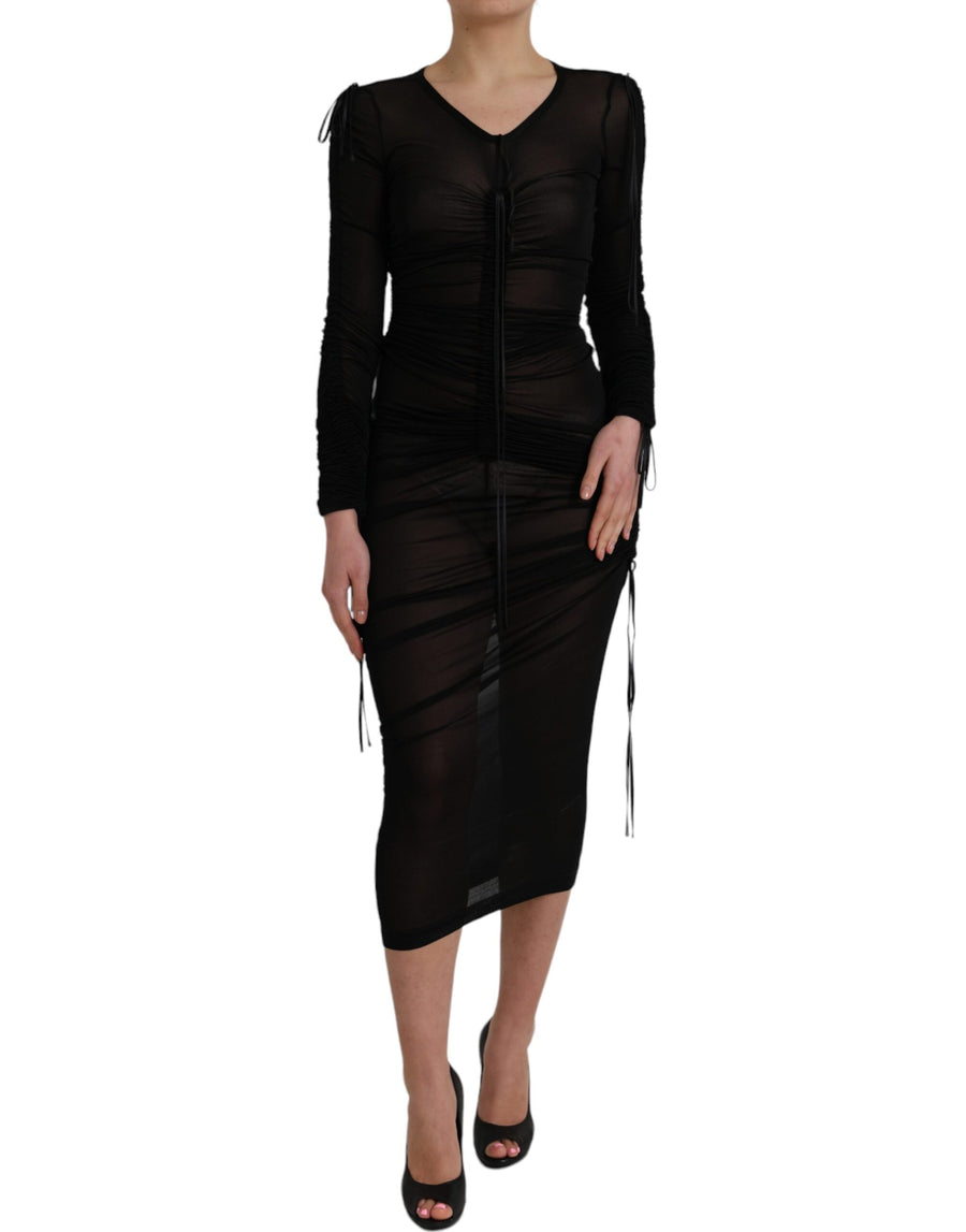 Black Sheer Bodycon Sheath Midi Dress Viscose Silk