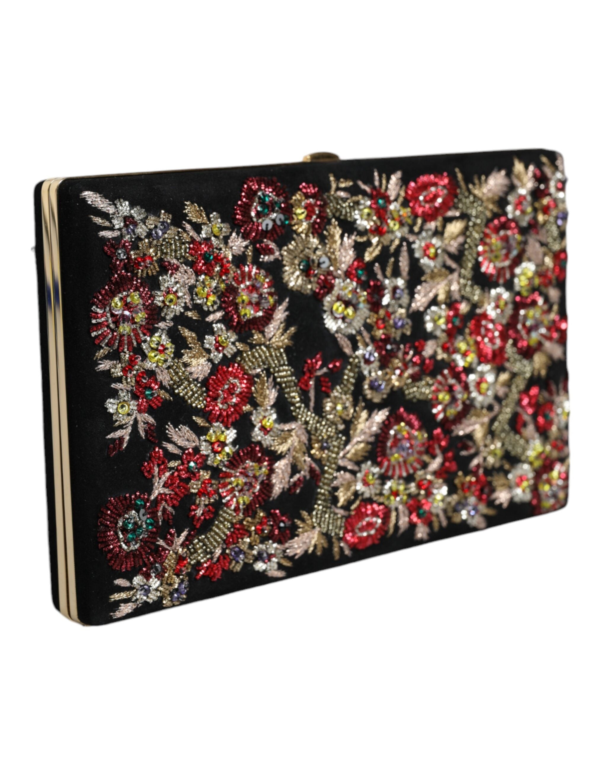 Multicolor Floral Gold Frame Clutch Evening Purse Bag Suede