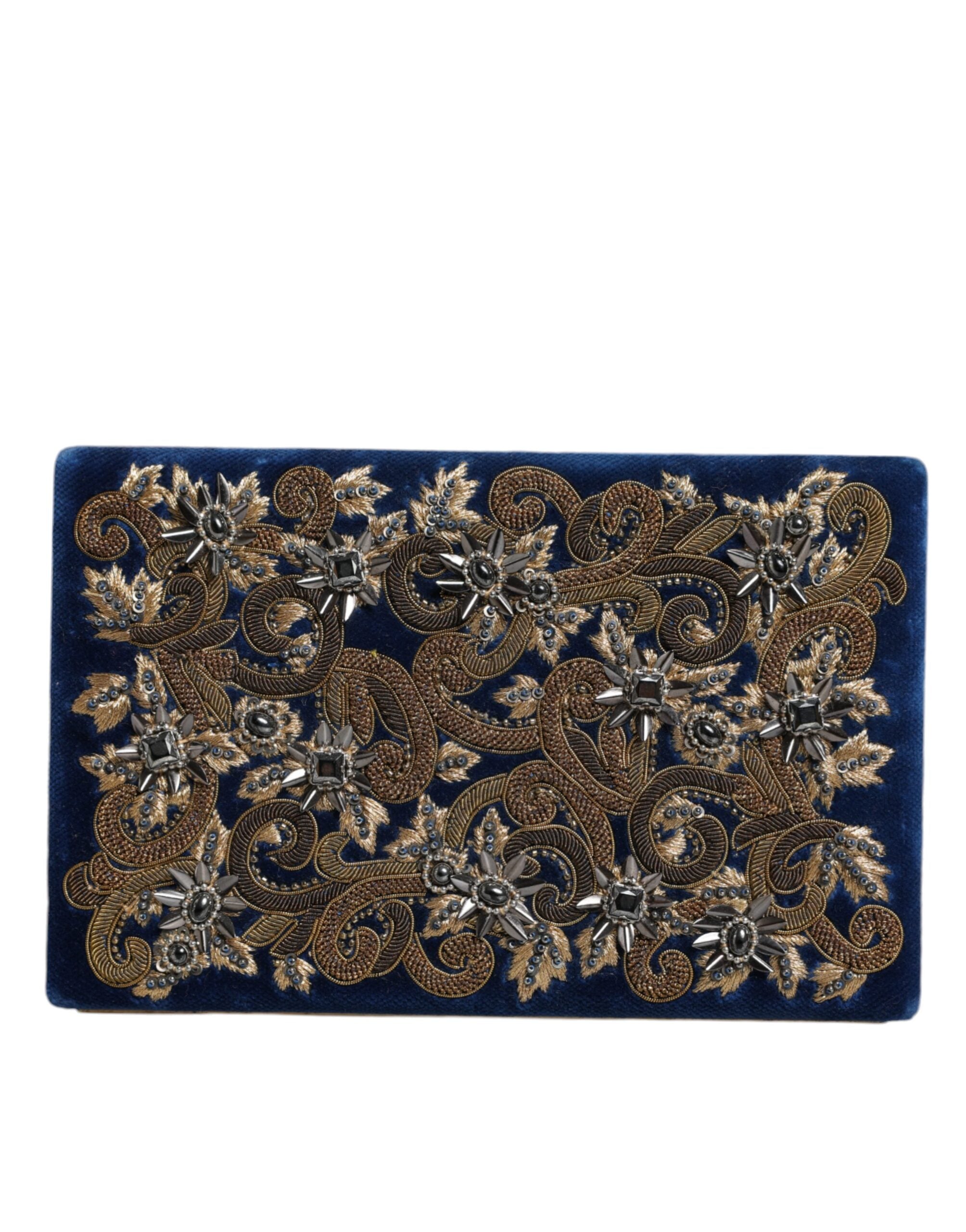 Blue Velvet Gold Frame Clutch Evening Party Purse Bag Cotton