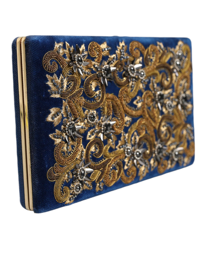 Blue Velvet Gold Frame Clutch Evening Party Purse Bag Cotton
