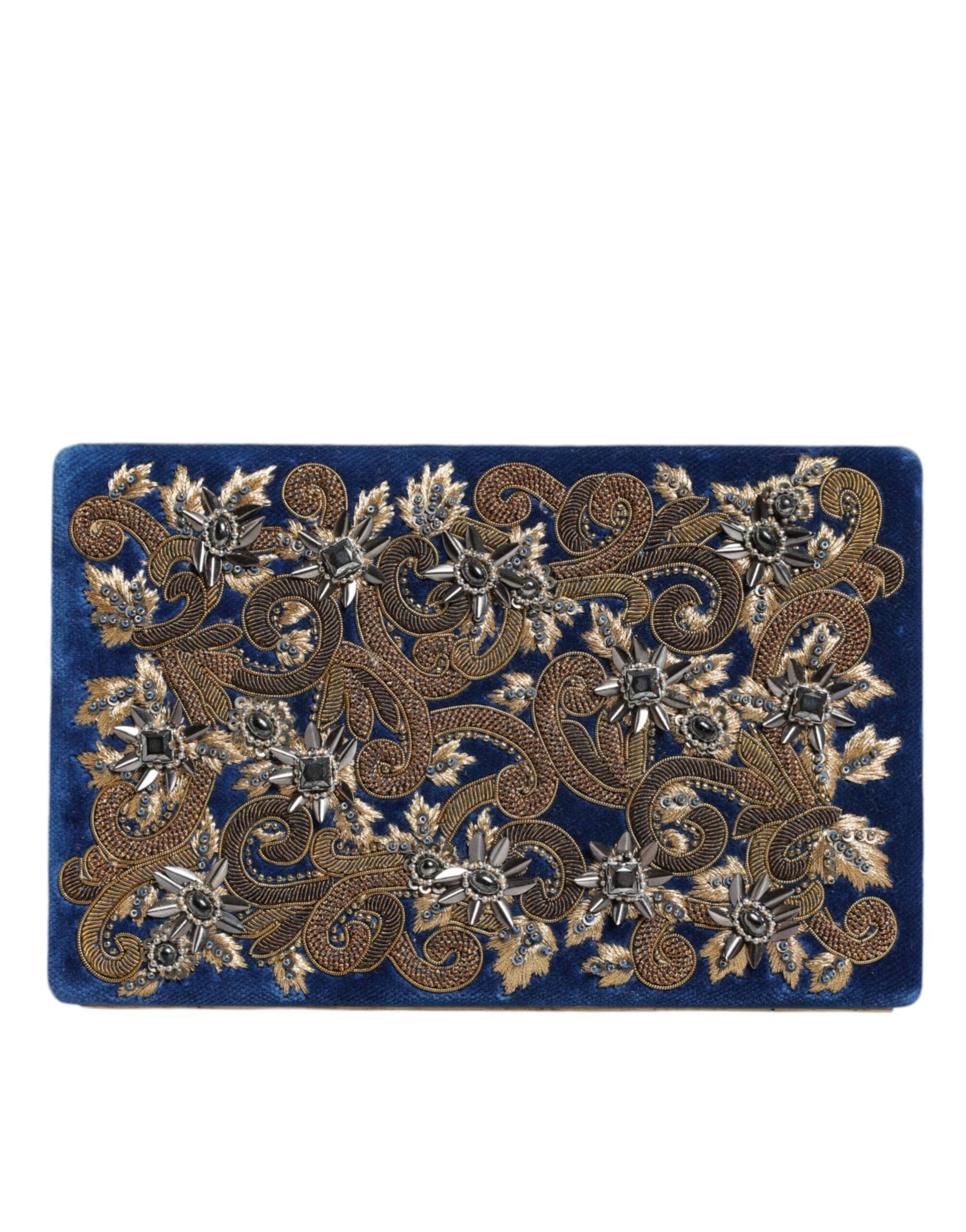 Blue Velvet Gold Frame Clutch Evening Party Purse Bag Cotton