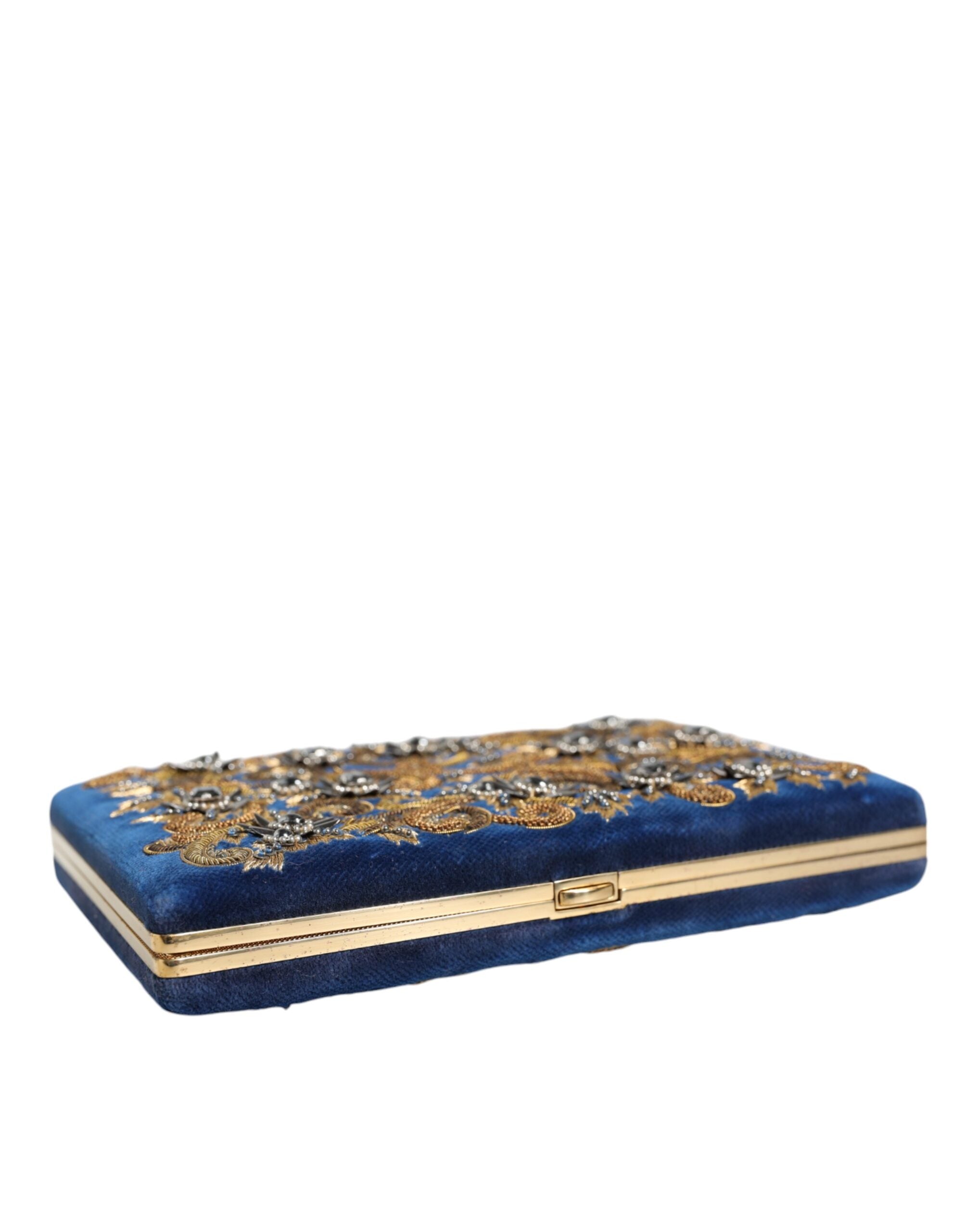 Blue Velvet Gold Frame Clutch Evening Party Purse Bag Cotton