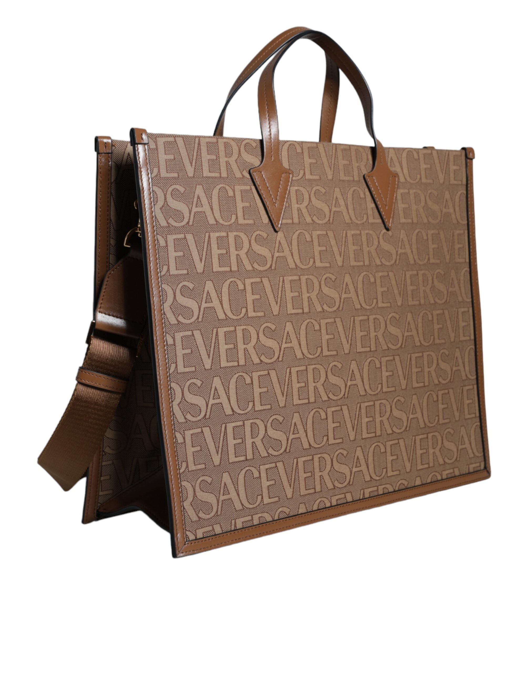Brown Top Handle Jacquard Leather Logo Crossbody Tote Bag Co Vl