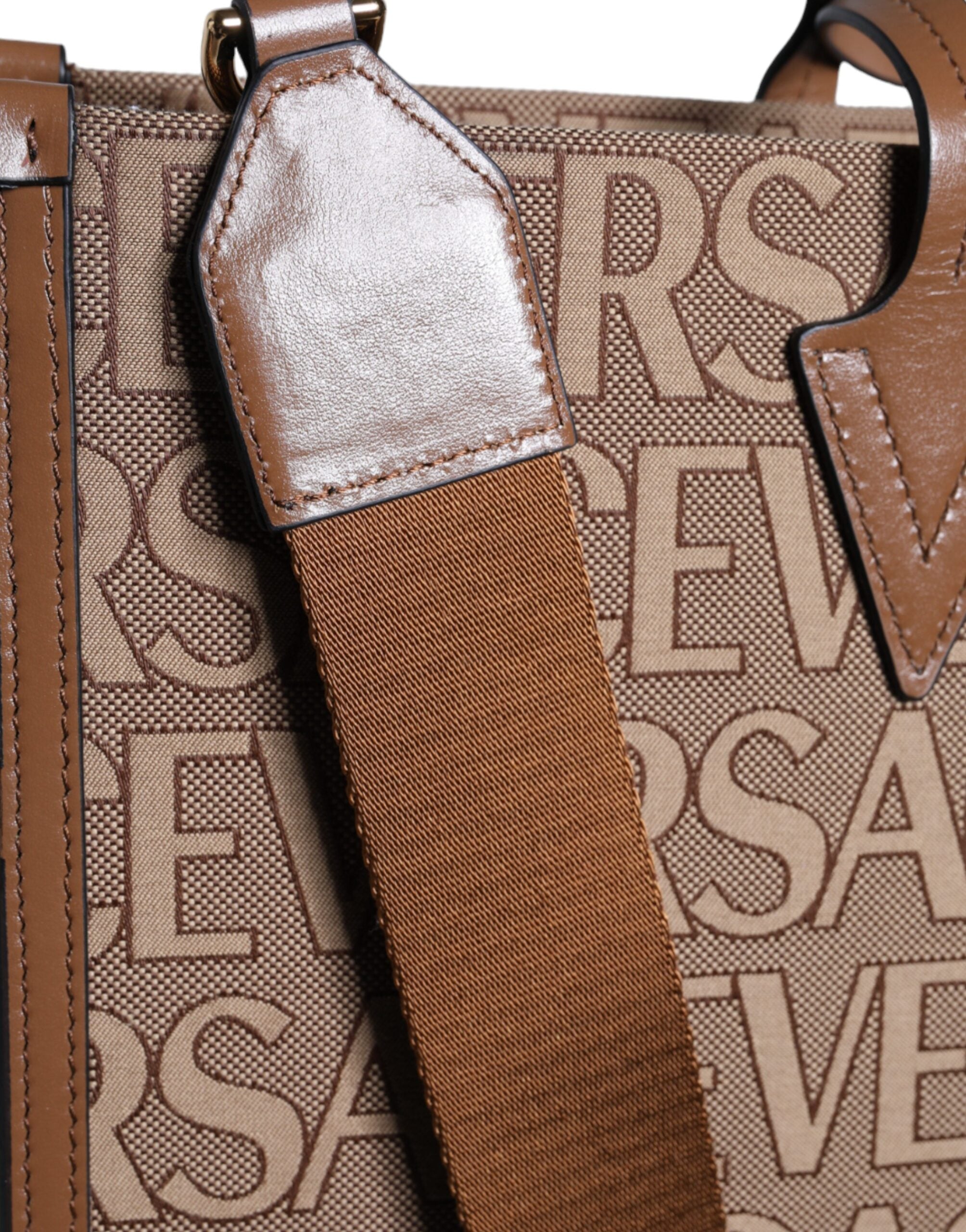 Brown Top Handle Jacquard Leather Logo Crossbody Tote Bag Co Vl