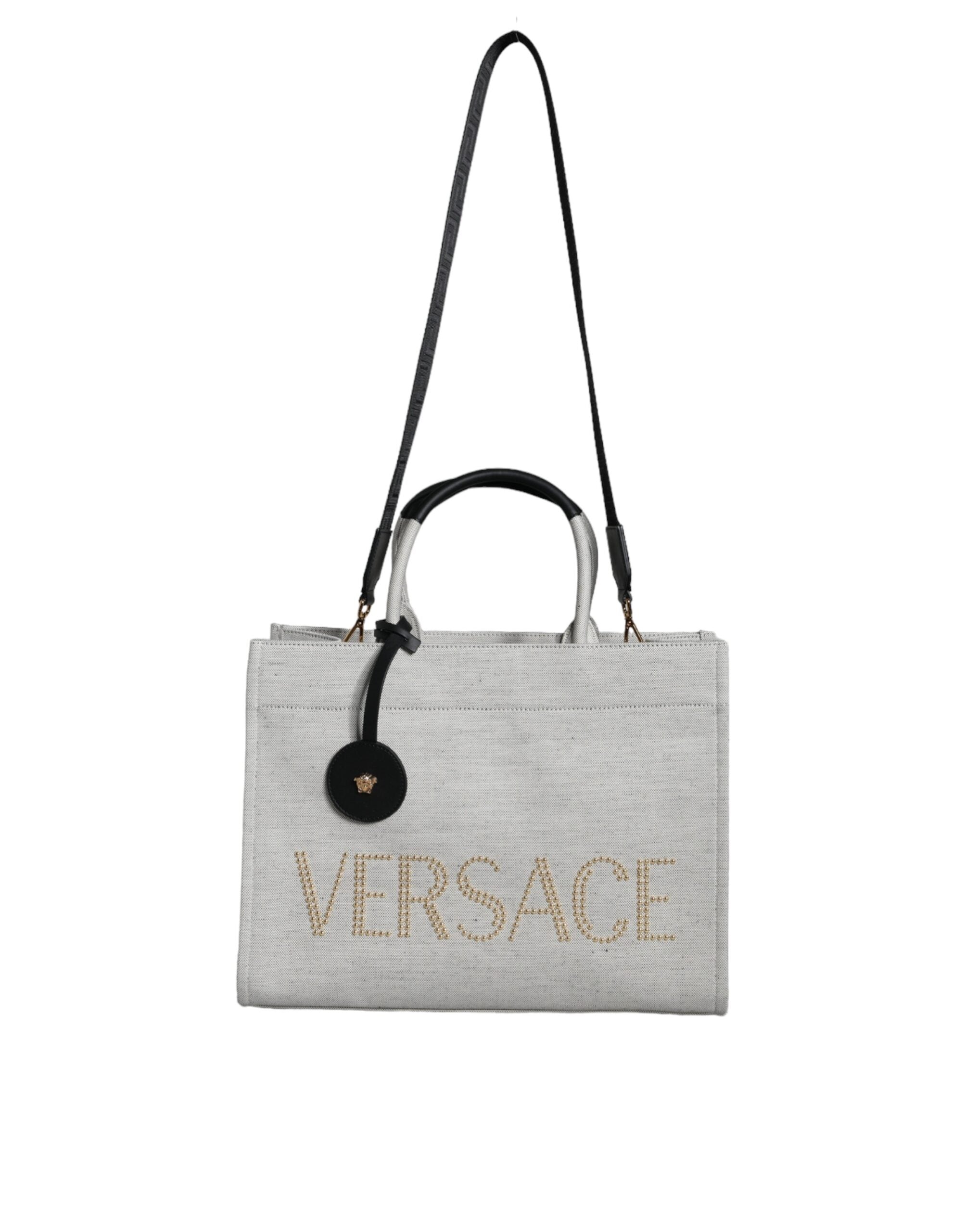 White Top Handle Canvas Leather Logo Crossbody Tote Bag Black/white