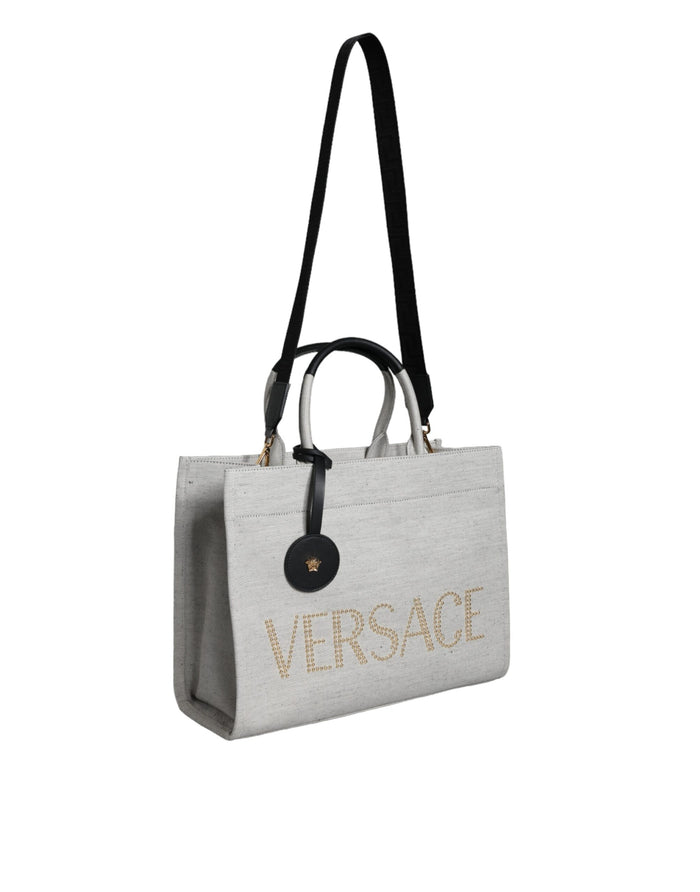 White Top Handle Canvas Leather Logo Crossbody Tote Bag Black/white