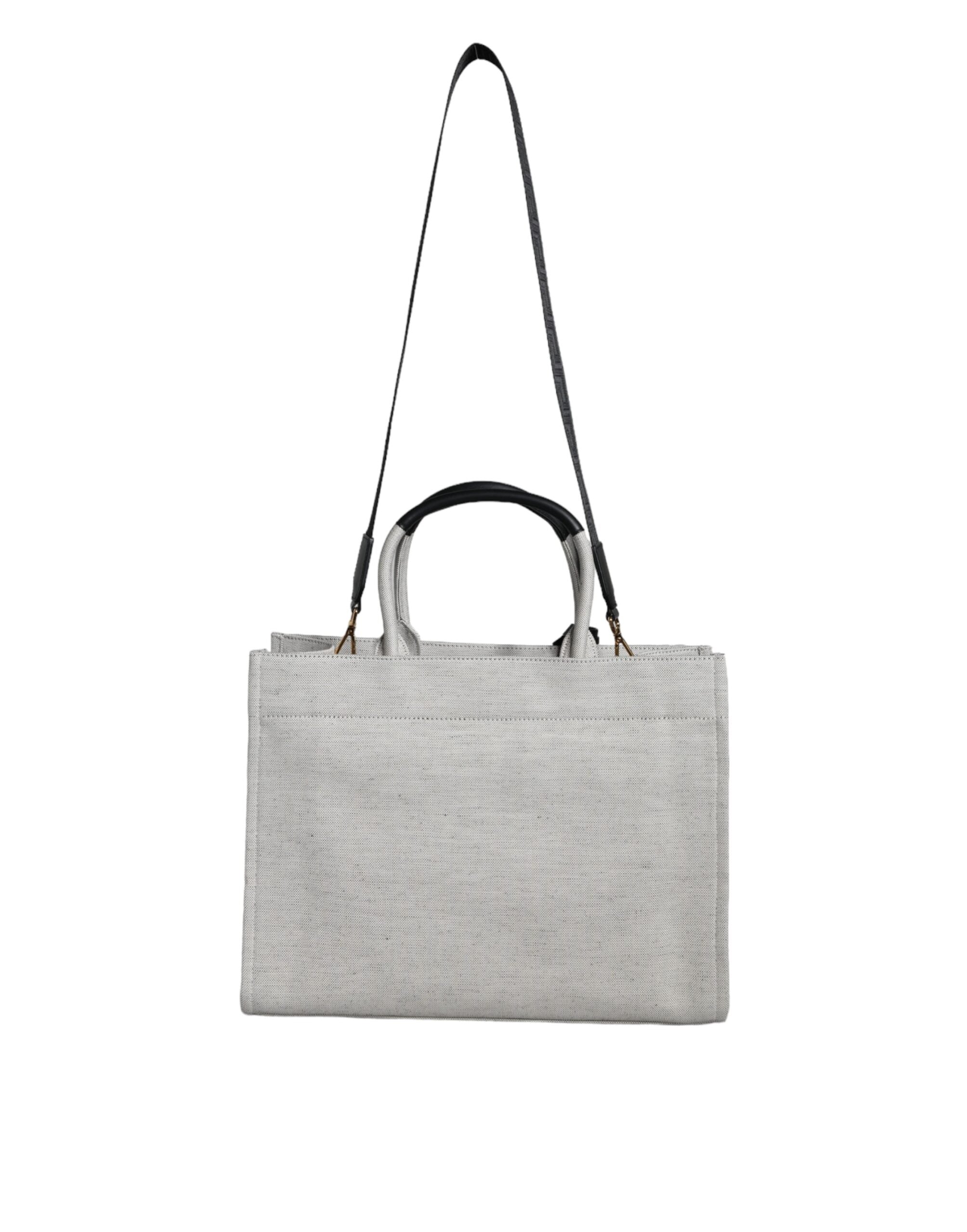 White Top Handle Canvas Leather Logo Crossbody Tote Bag Black/white