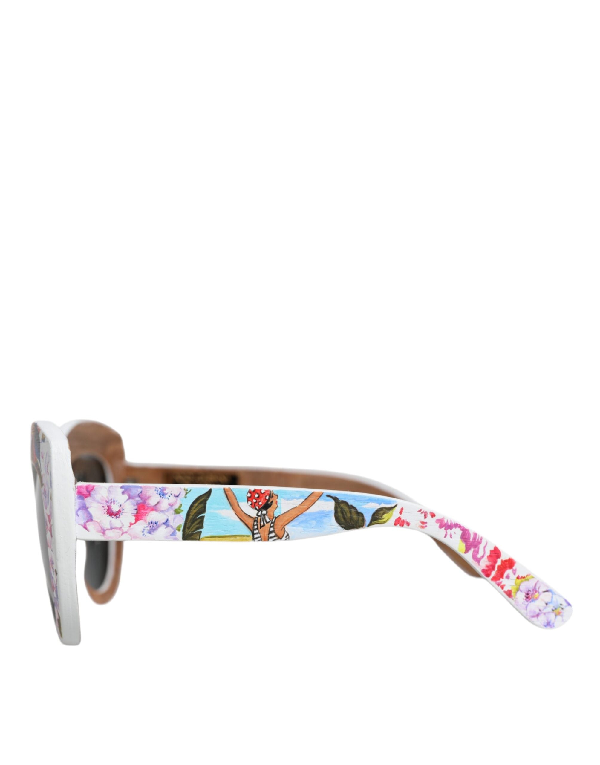 Multicolor Wood Crystal Brass Frame Floral Hand Paint Sunglasses Real