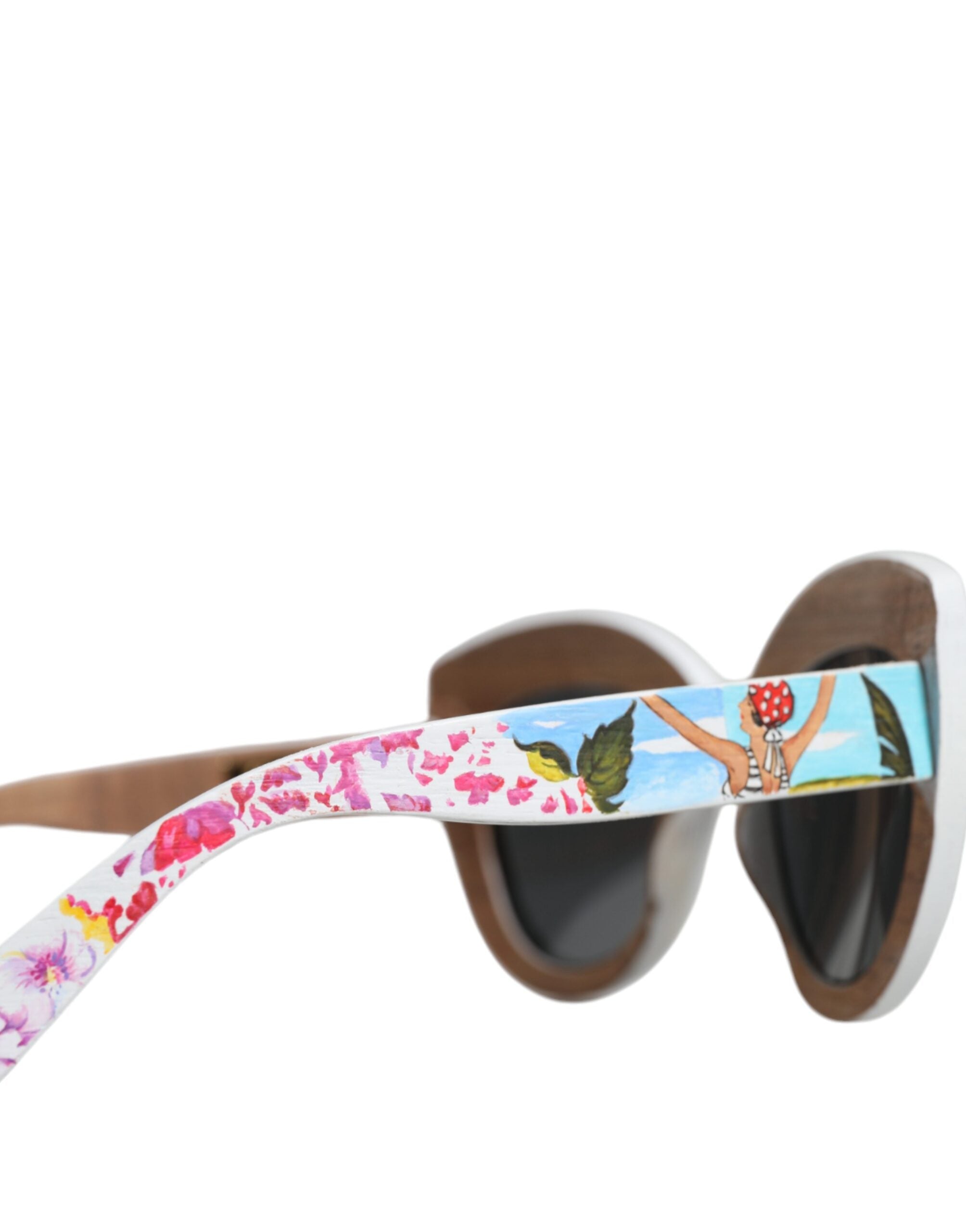Multicolor Wood Crystal Brass Frame Floral Hand Paint Sunglasses Real